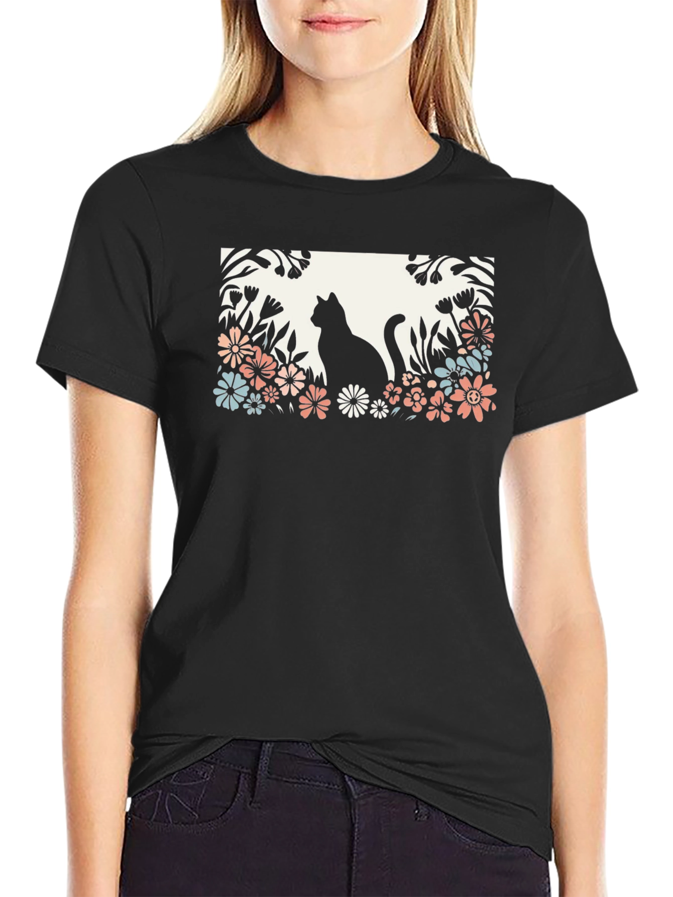 Cat in Flower Garden Black Graphic Tee