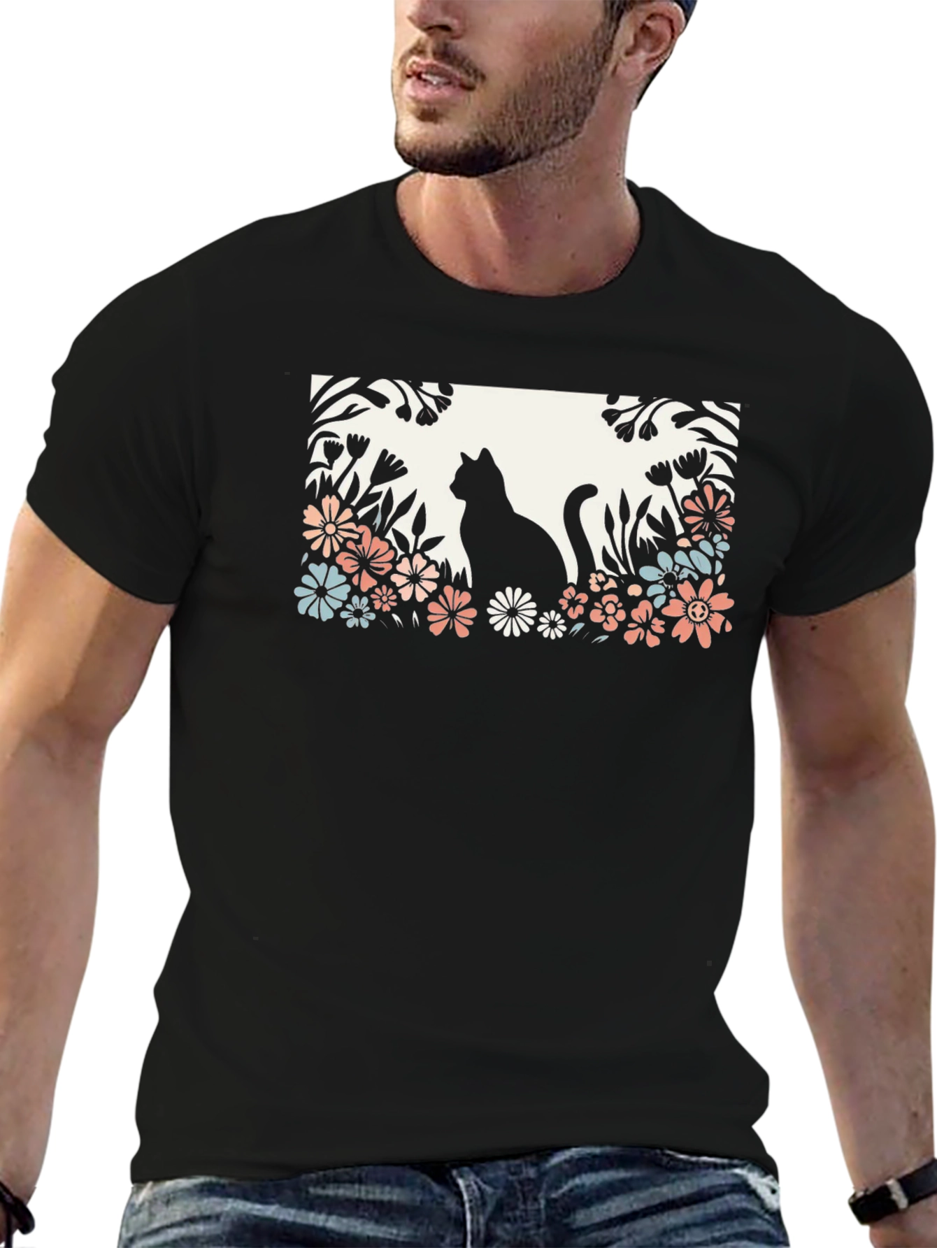Cat in Flower Garden Black Graphic Tee