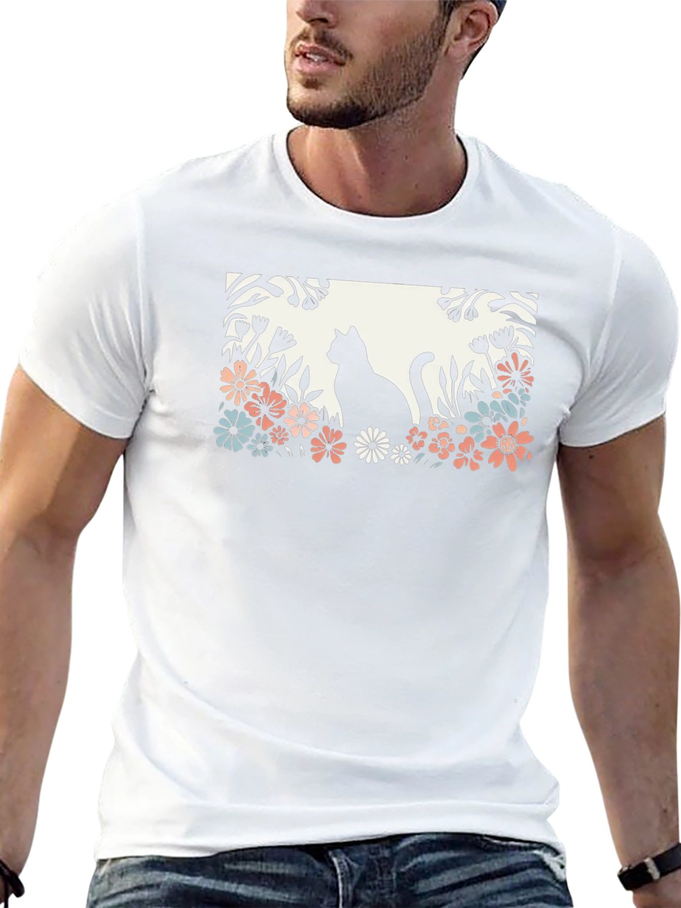 Cat in Flower Garden Black Graphic Tee