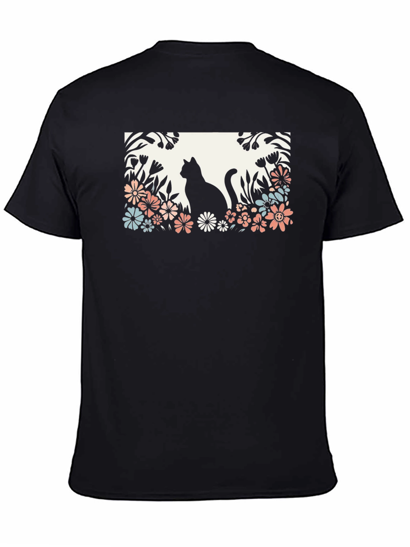 Cat in Flower Garden Black Graphic Tee