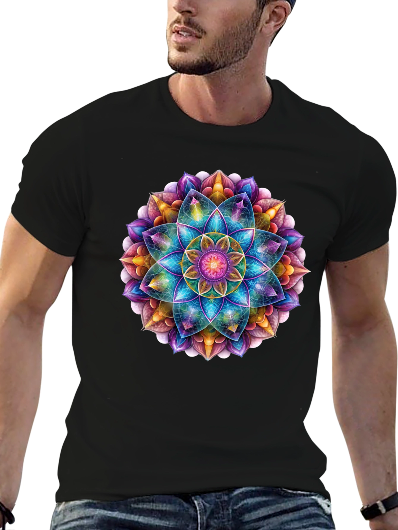 Vibrant Mandala Print Black T-Shirt
