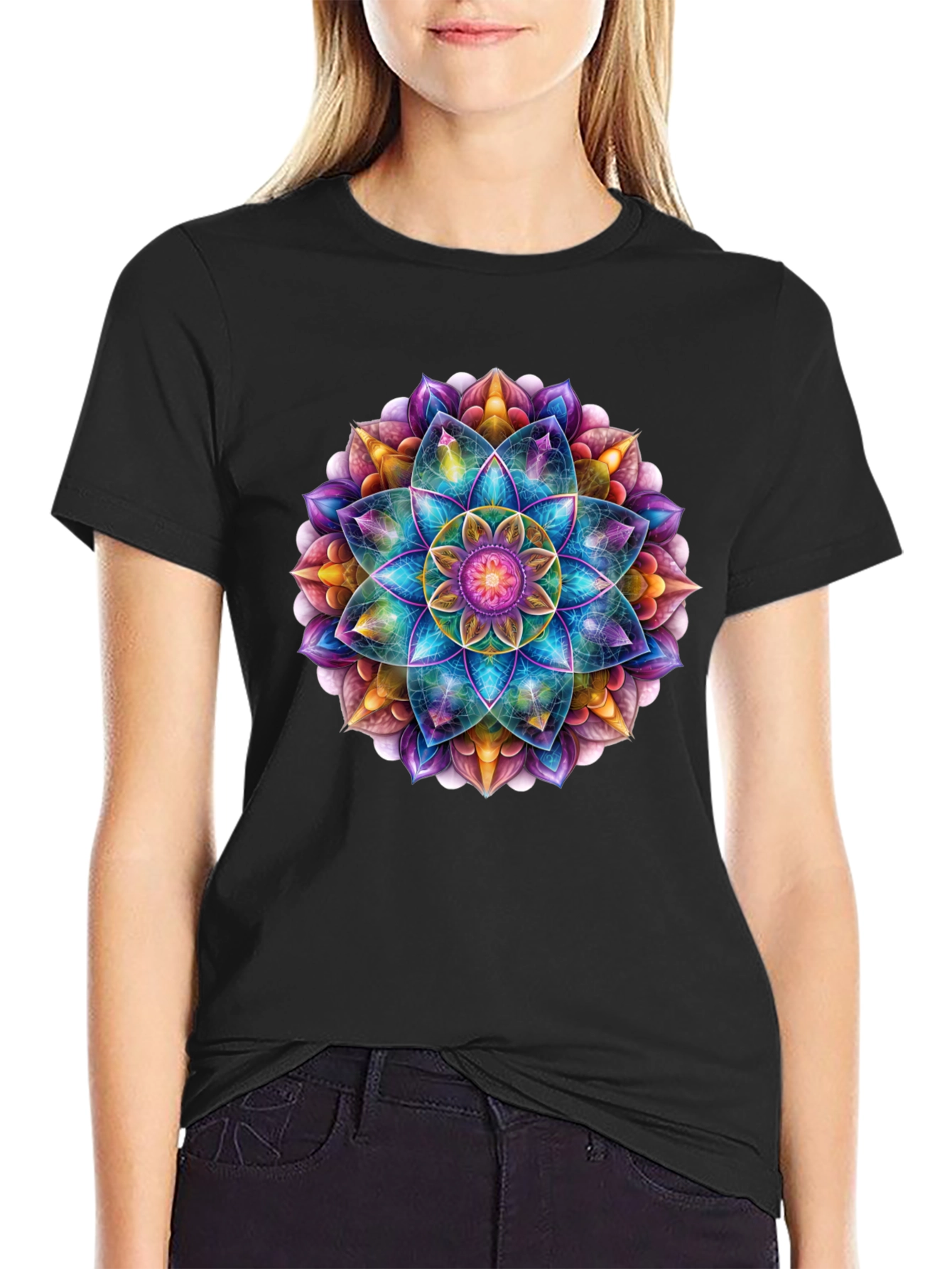 Vibrant Mandala Print Black T-Shirt