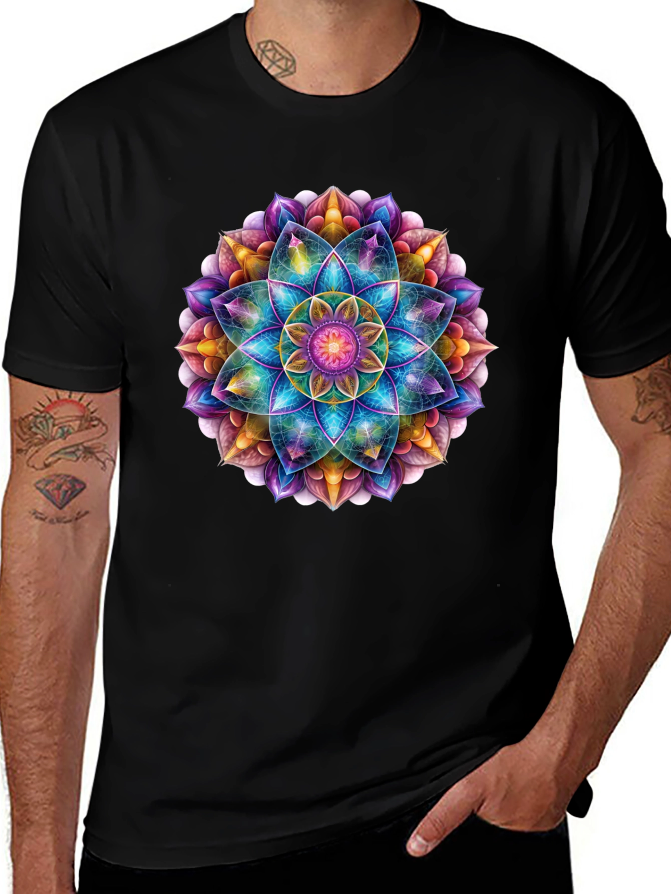 Vibrant Mandala Print Black T-Shirt