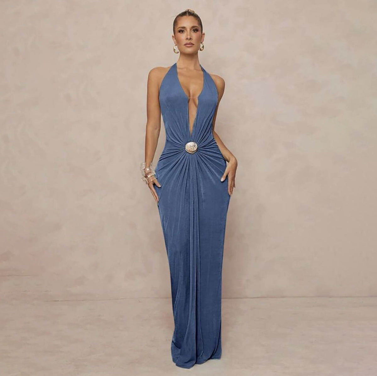 Women's Sexy Solid Color V-Neck Halter-Neck Backless Dress