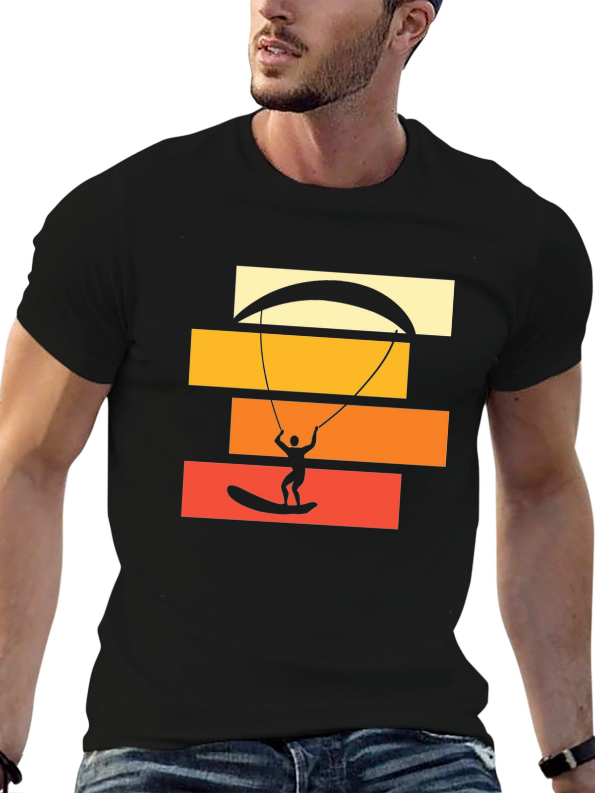 Kite Surfing Graphic Tee - Black Cotton T-Shirt