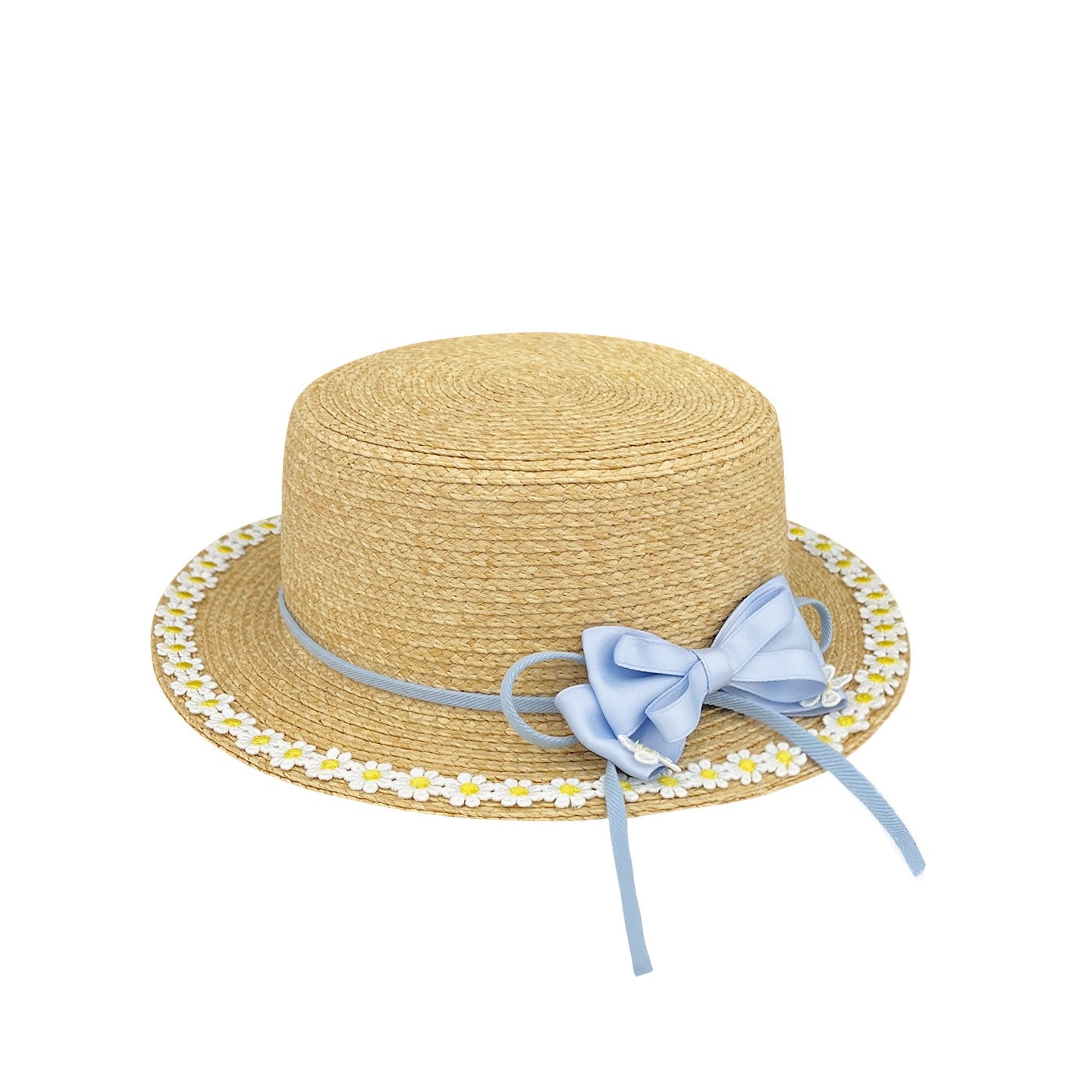 Women's Straw Flat Brim Hat with Bow and Floral Trim for Summer Sun Protection