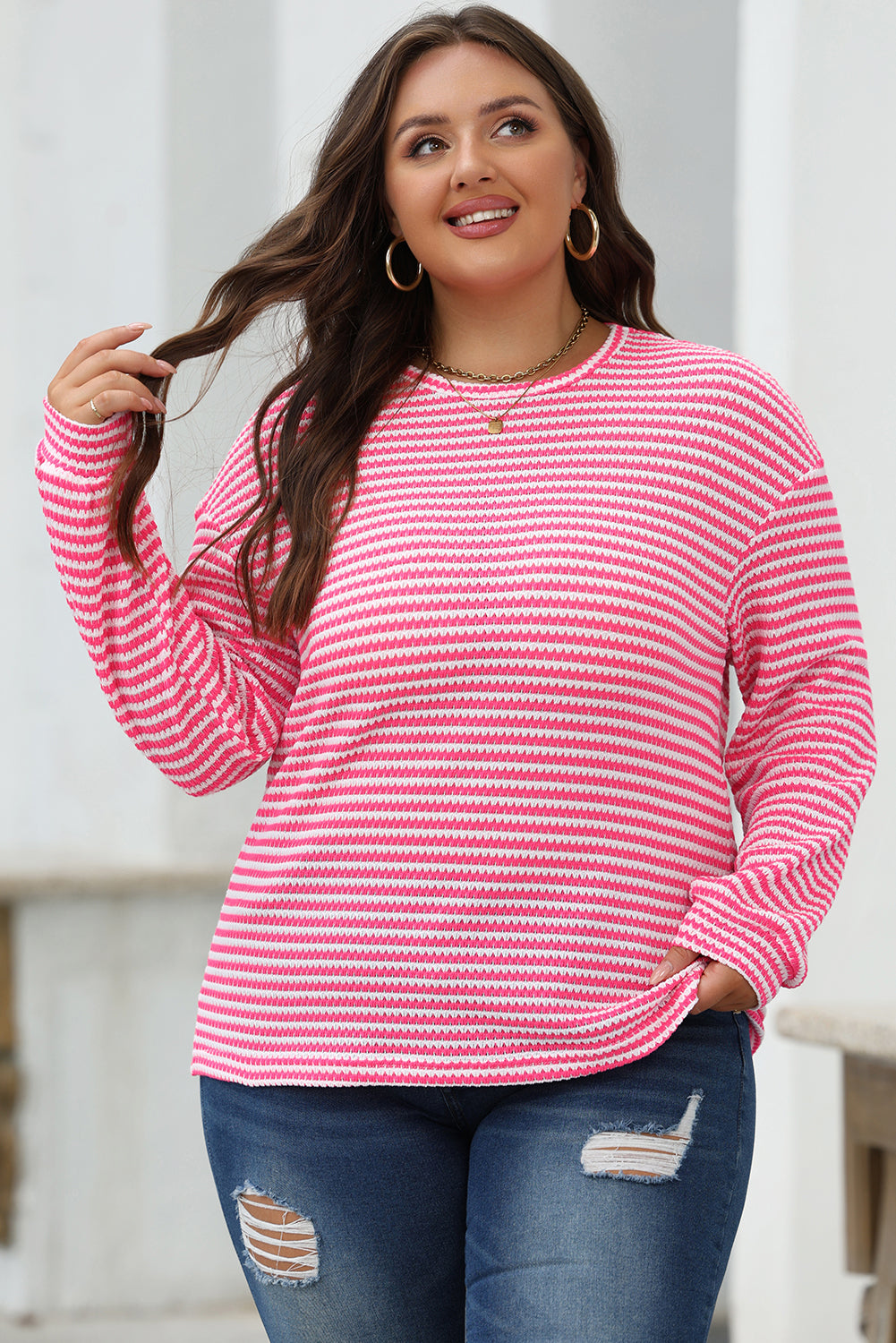 Rose Stripe Round Neck Drop Shoulder Long Sleeve Top