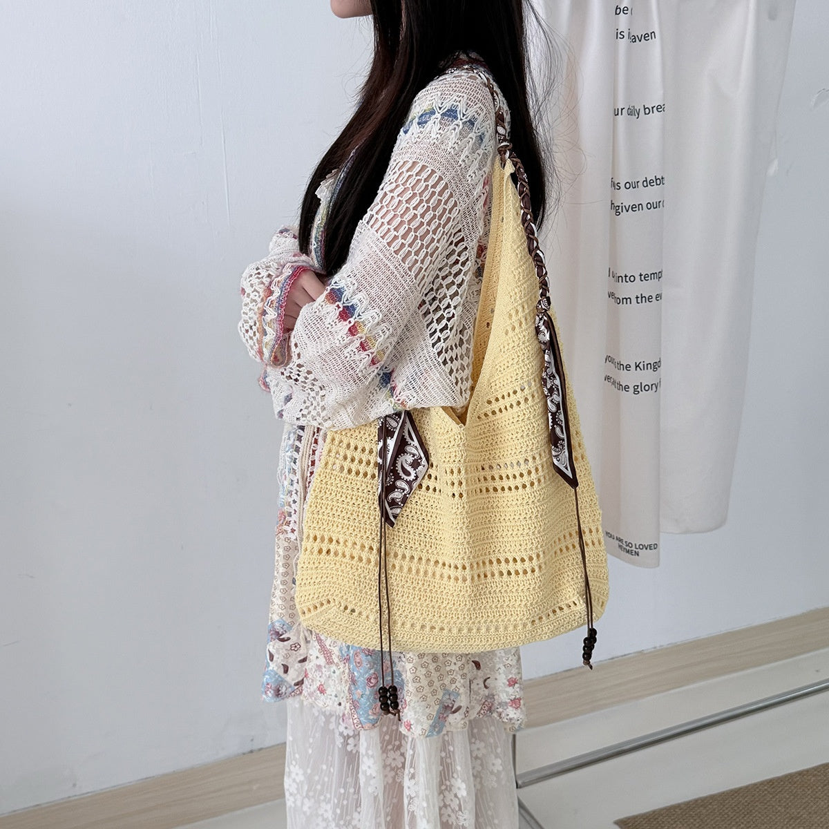 Bohemian Crochet Beach Tote - Summer Knitted Shoulder Bag