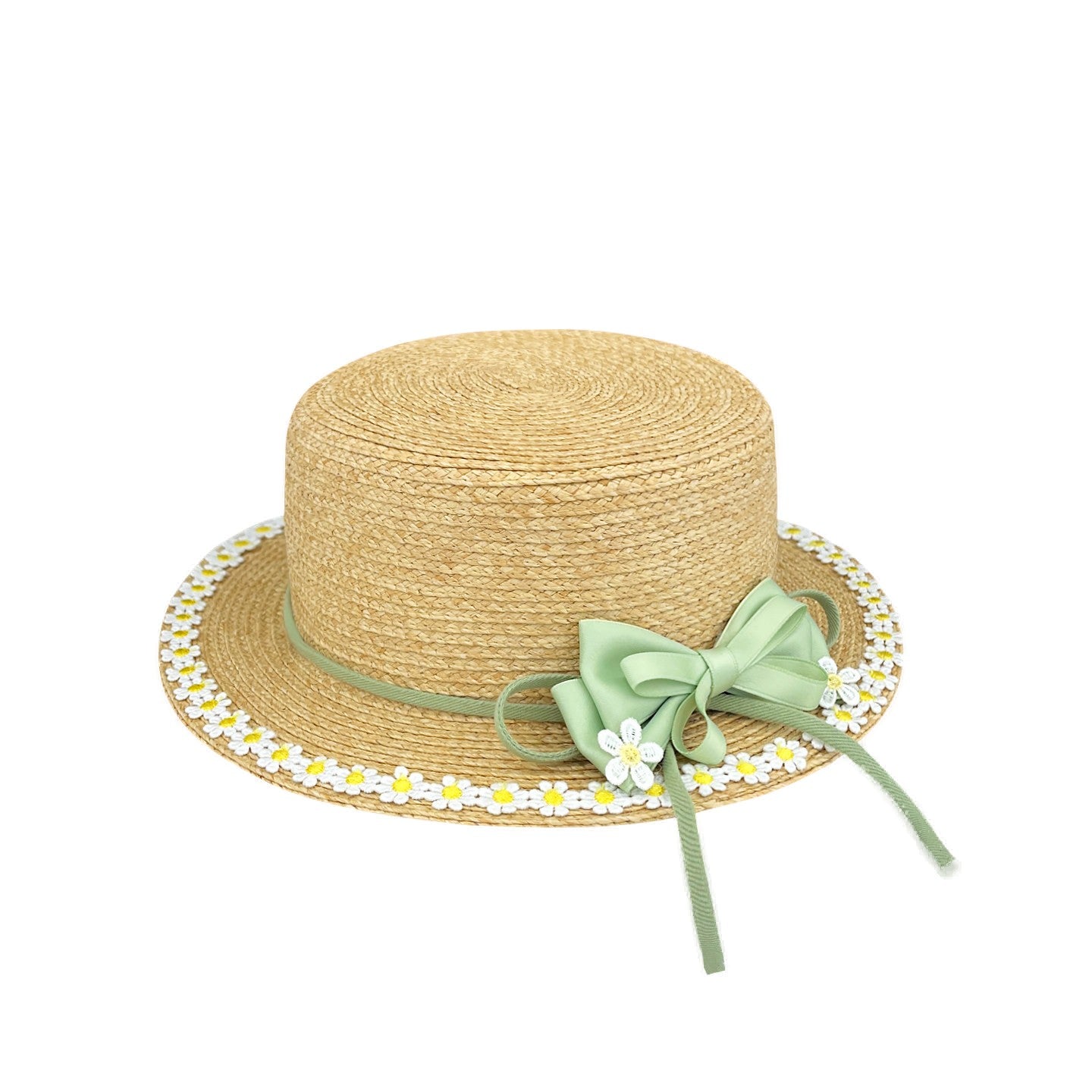 Women's Straw Flat Brim Hat with Bow and Floral Trim for Summer Sun Protection