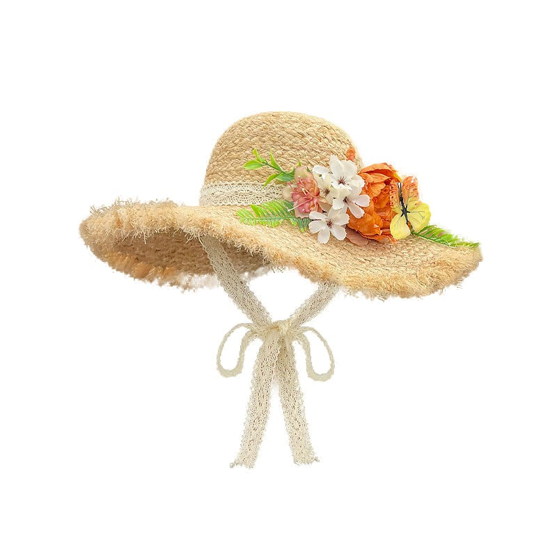 Women's Wide Brim Frayed Edge Raffia Straw Sun Hat with Floral and Butterfly Decoration, Tie Straps