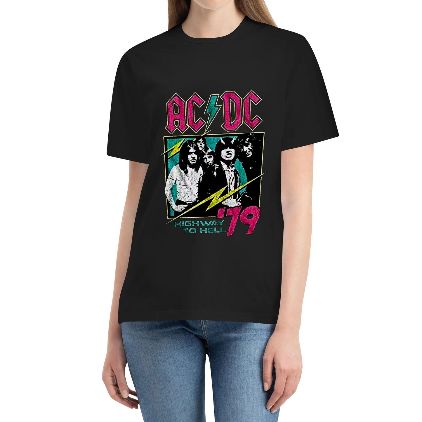 ACDC Vintage Rock Band Highway to Hell 79 Neon Logo Adult Short Sleeve T Shirt Graphic Tee Cotton Tshirt Black White Blue Red Tops Tee Clothing Gifts