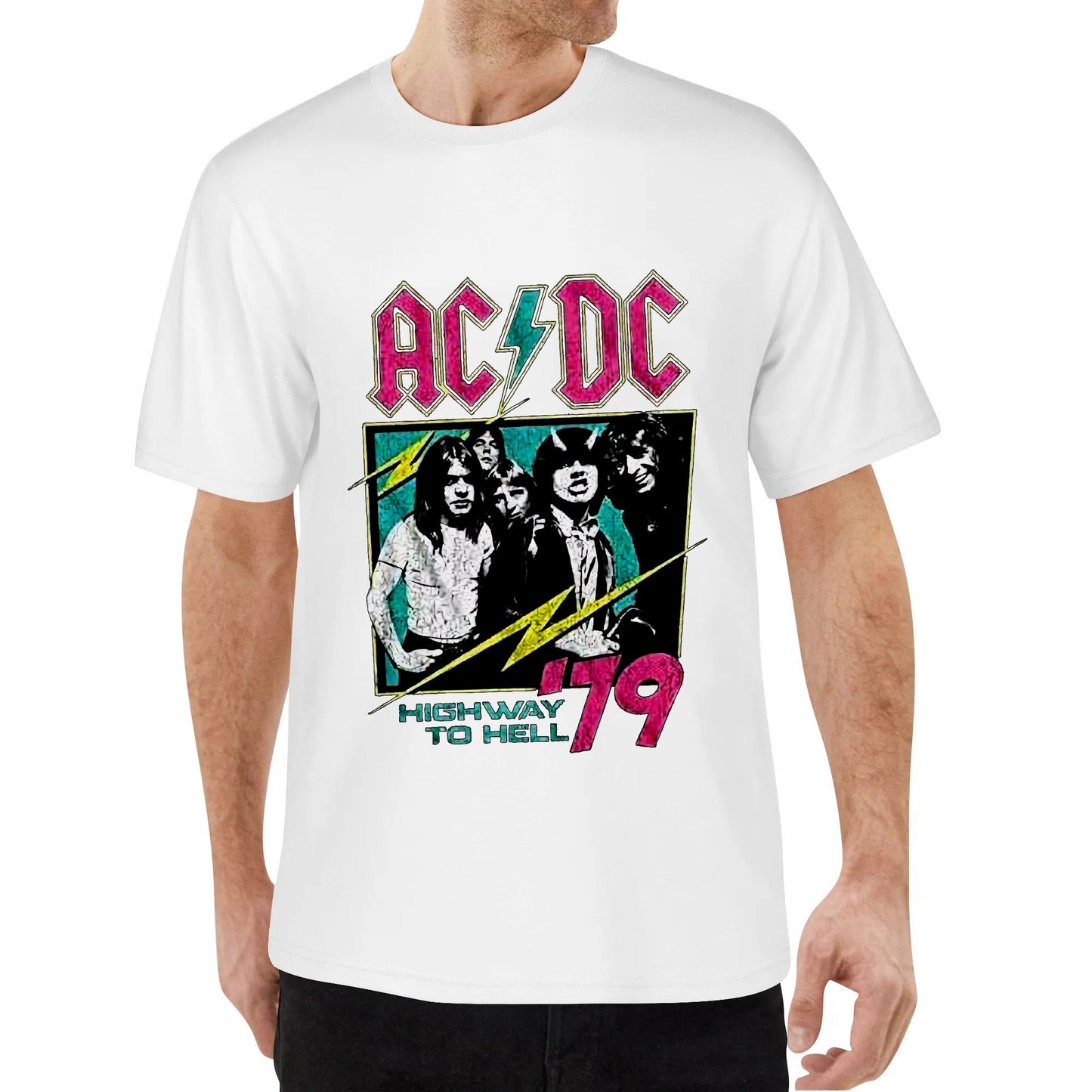 ACDC Vintage Rock Band Highway to Hell 79 Neon Logo Adult Short Sleeve T Shirt Graphic Tee Cotton Tshirt Black White Blue Red Tops Tee Clothing Gifts