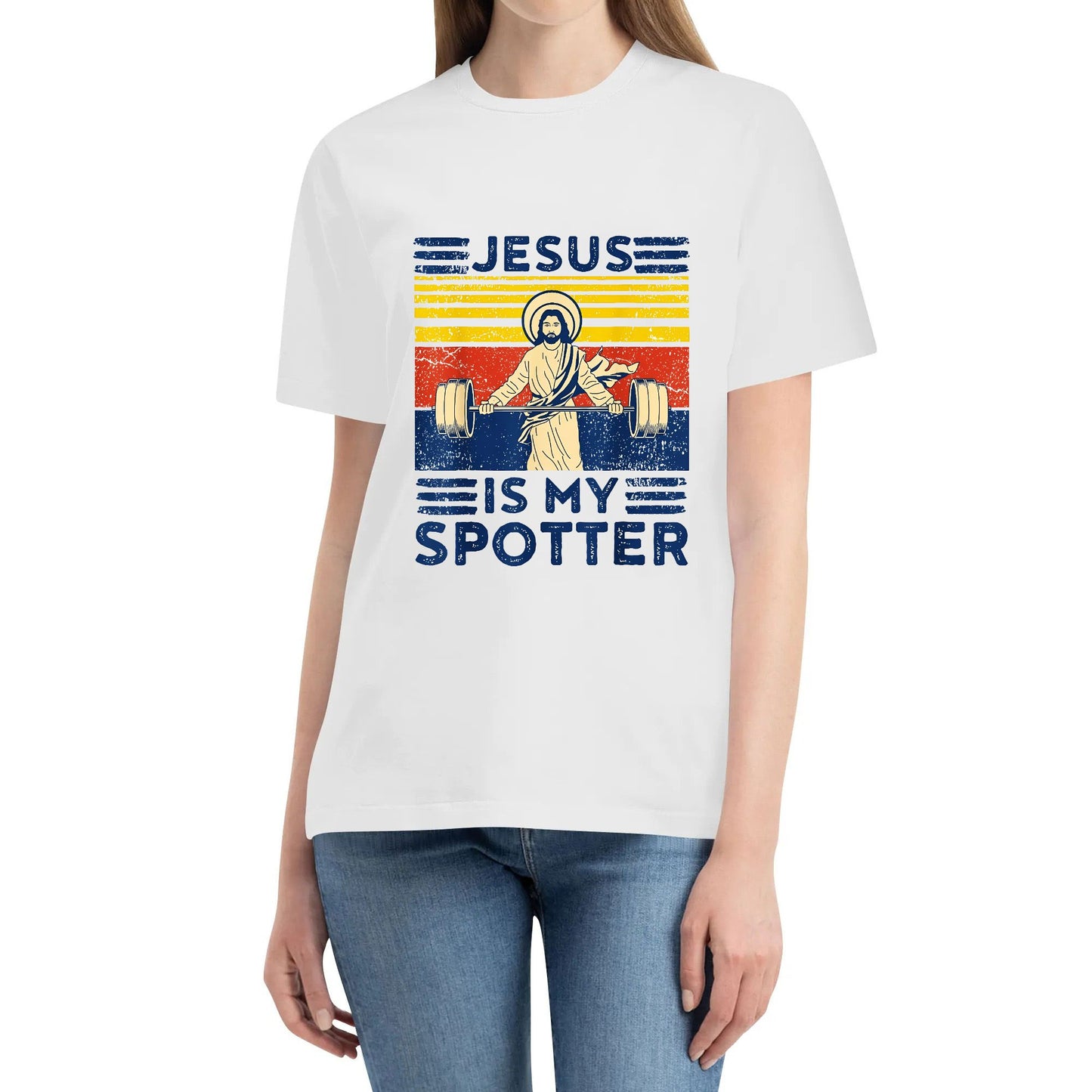 Funny Gym Shirt Jesus Is My Spotter Funny Workout Jesus T-Shirt Cotton T-shirt Short Sleeve Graphic Round Neck Top Tees Shirts for Man Woman Unisex Adult Summer Ladies