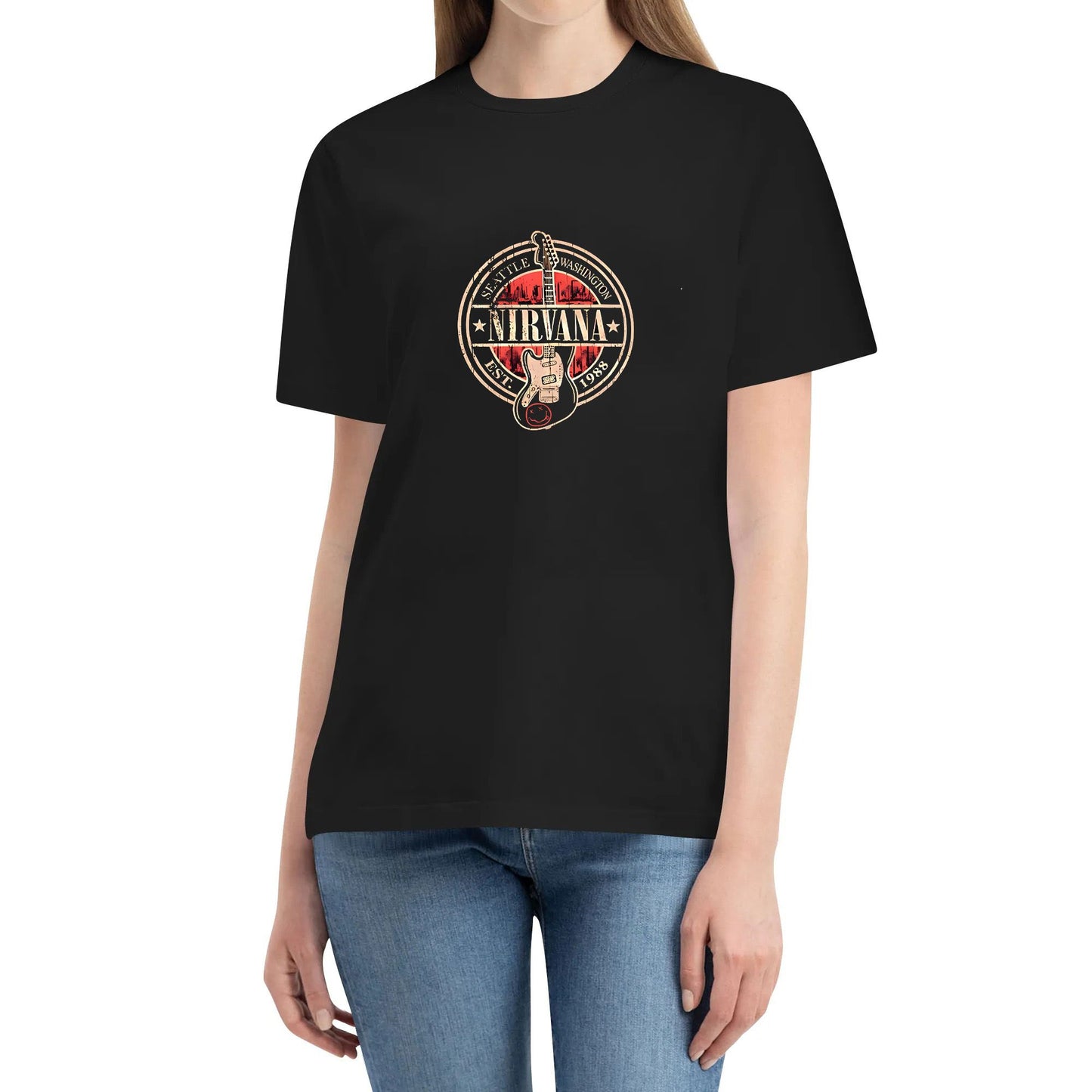 Nirvana T-shirt rock band short sleeve crew neck loose guitar print T-shirt hipster guy Crew-neck fashion unisex T-shirt Menswear Top