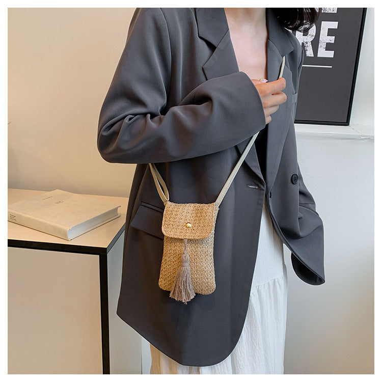 2024 Trendy Summer Crossbody Woven Tassel Phone Bag for Women