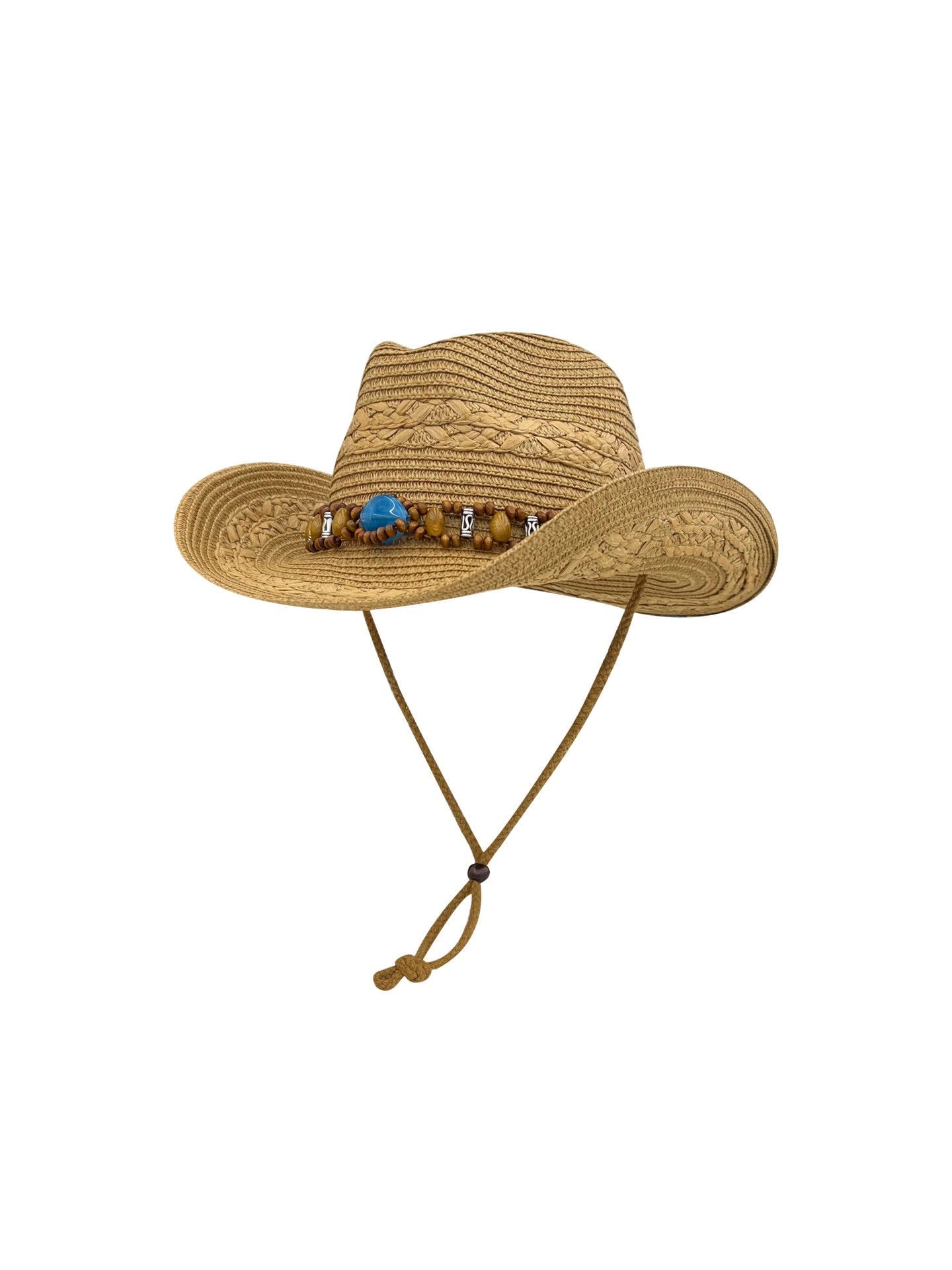 Straw Cowboy Hat with Beaded Band and Adjustable Chin Strap, Unisex Summer Sun Hat, Panama Jazz Style, 56-58cm Head Circumference