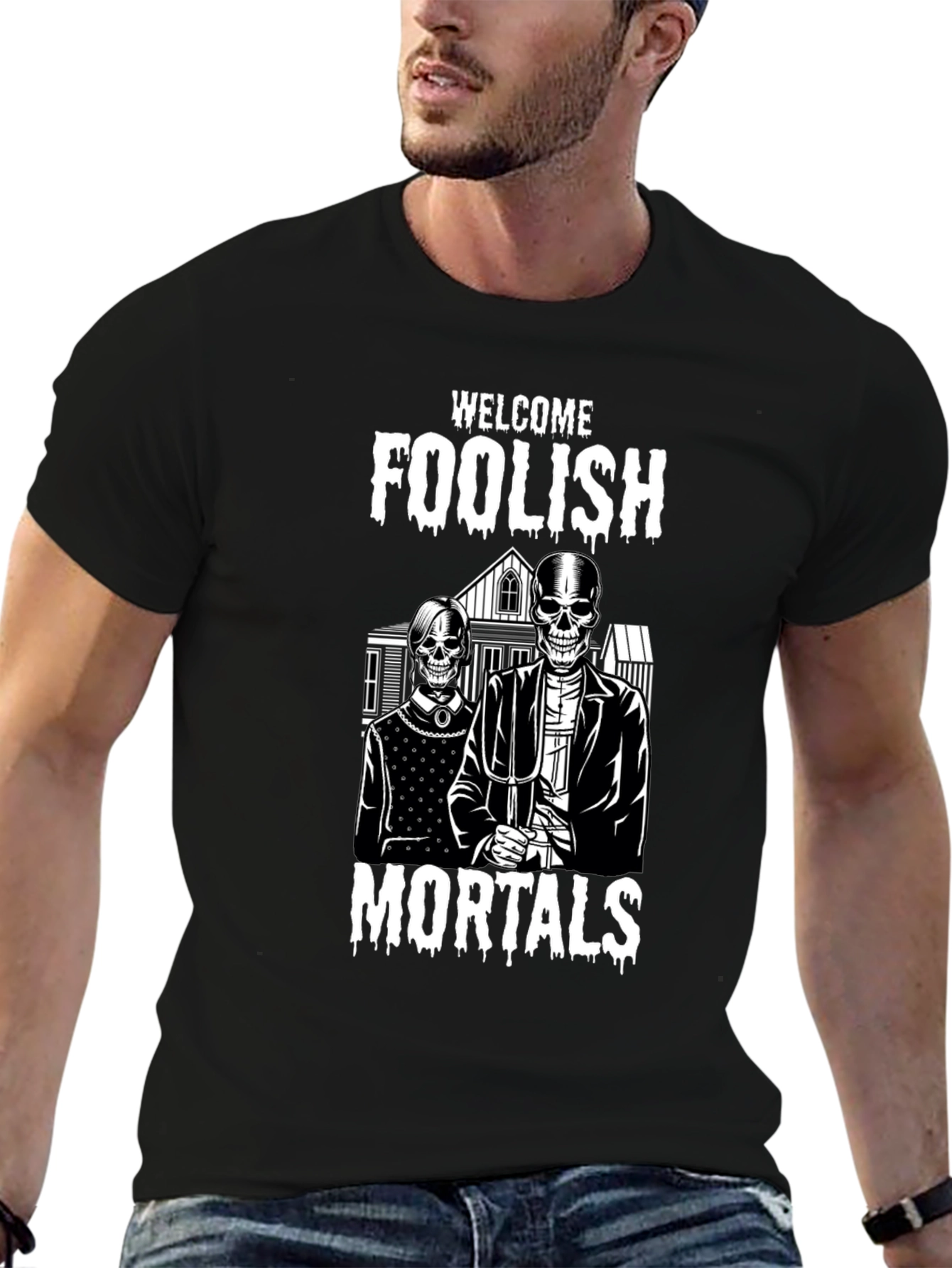 Welcome Foolish Mortals Skeleton Graphic T-Shirt