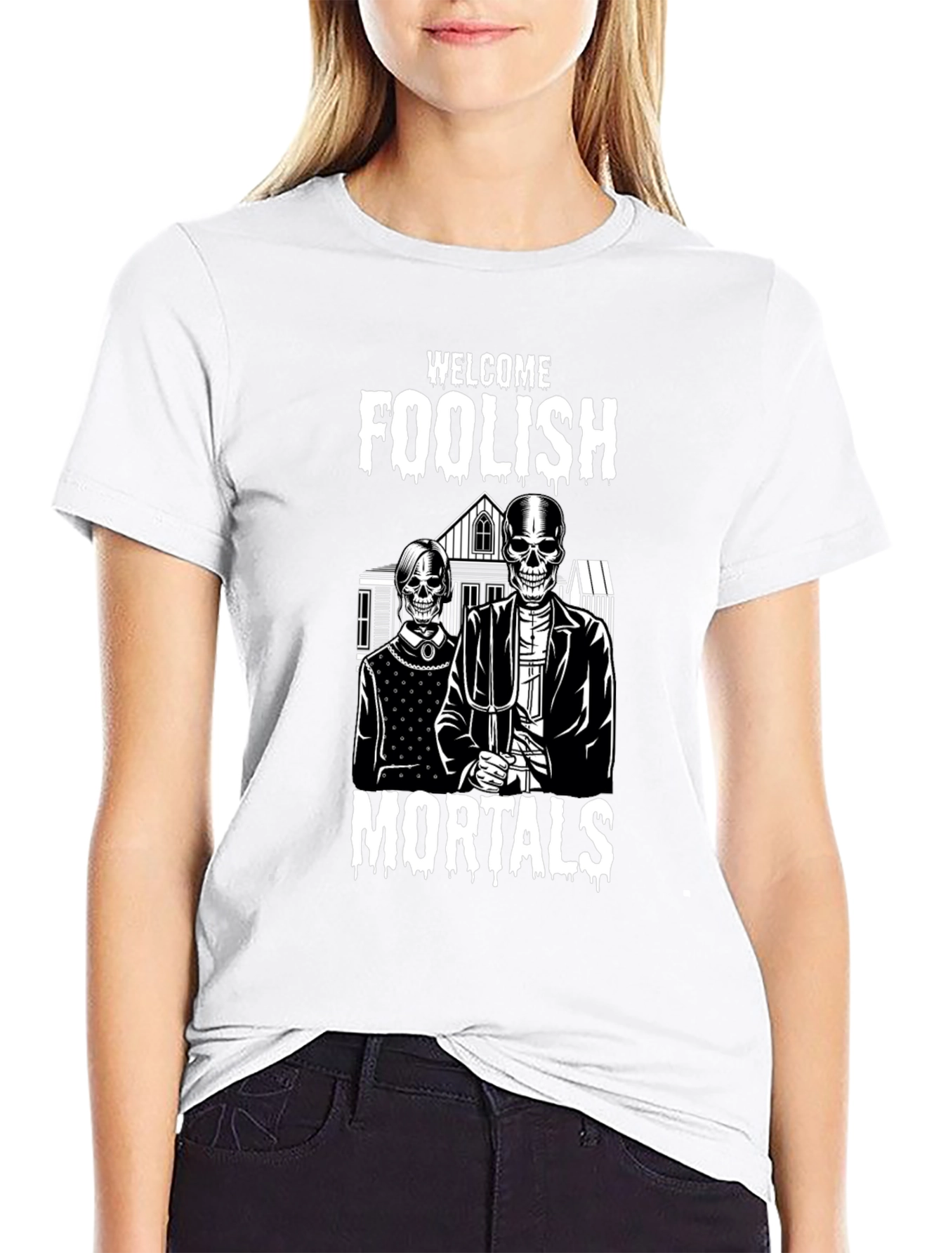 Welcome Foolish Mortals Skeleton Graphic T-Shirt