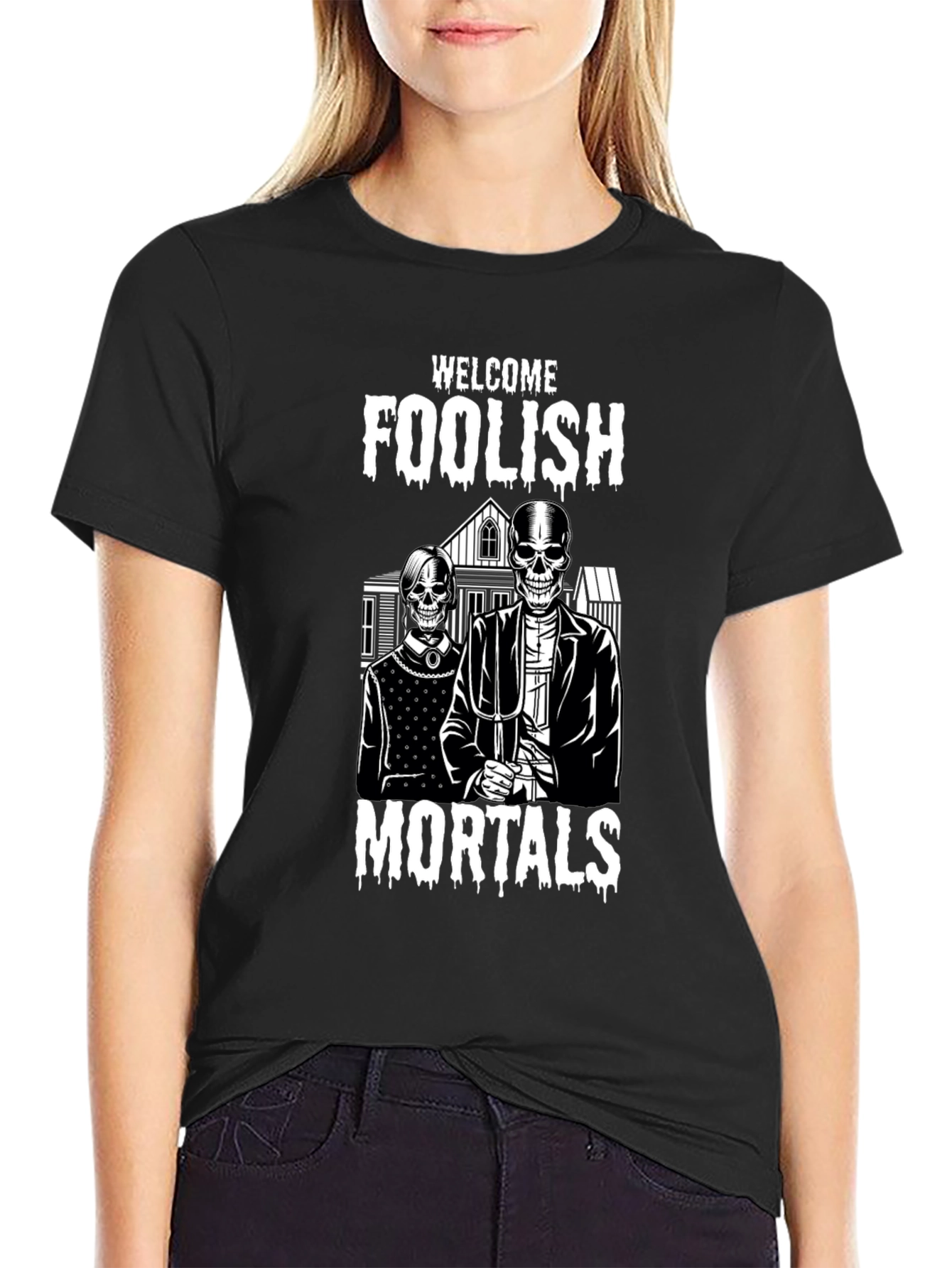 Welcome Foolish Mortals Skeleton Graphic T-Shirt