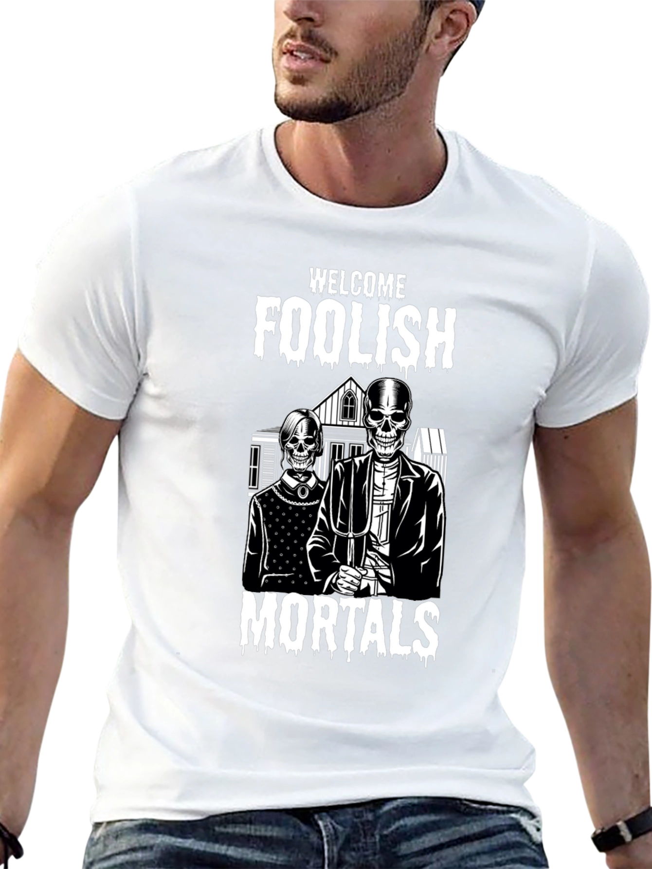 Welcome Foolish Mortals Skeleton Graphic T-Shirt