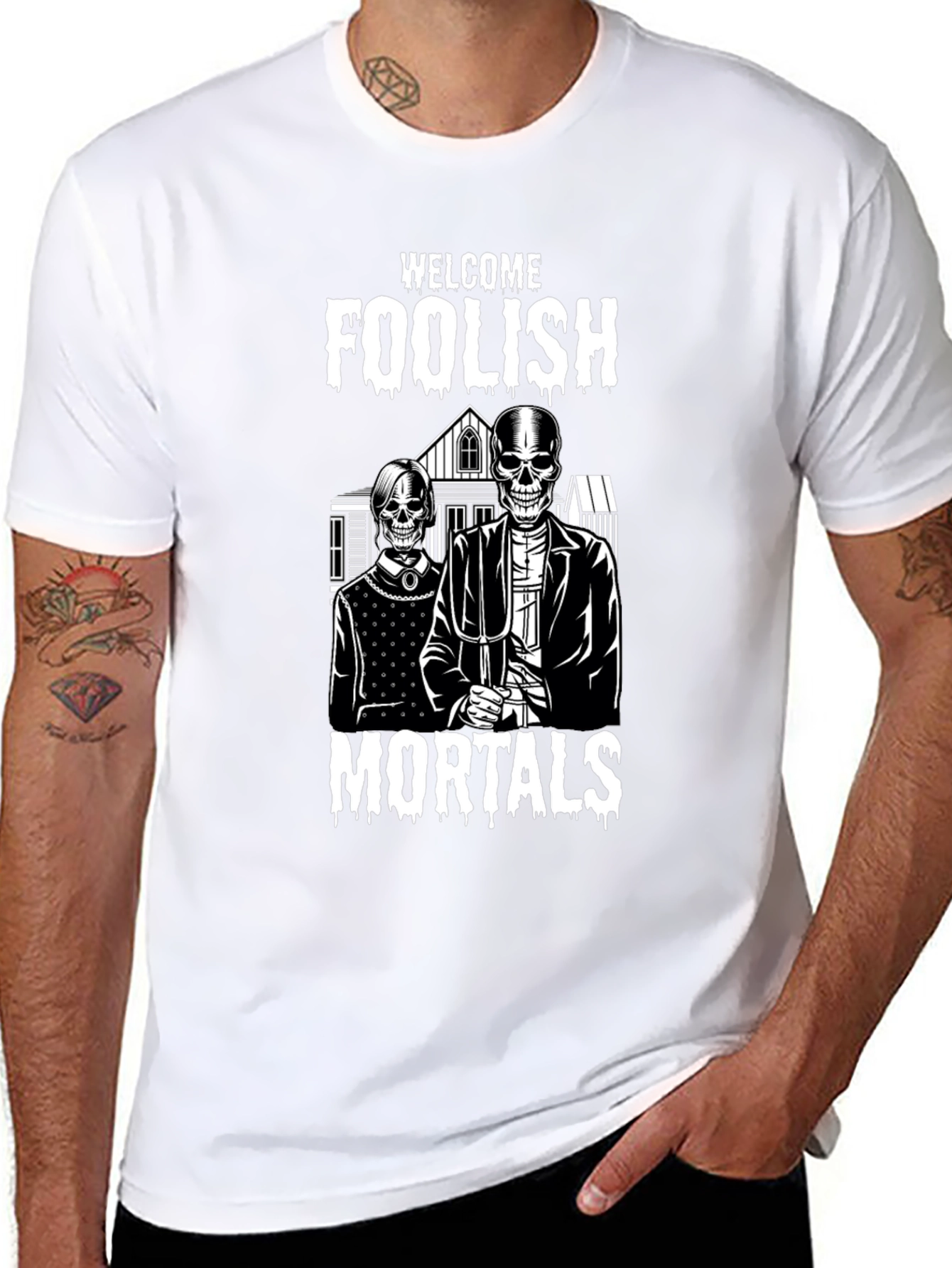 Welcome Foolish Mortals Skeleton Graphic T-Shirt