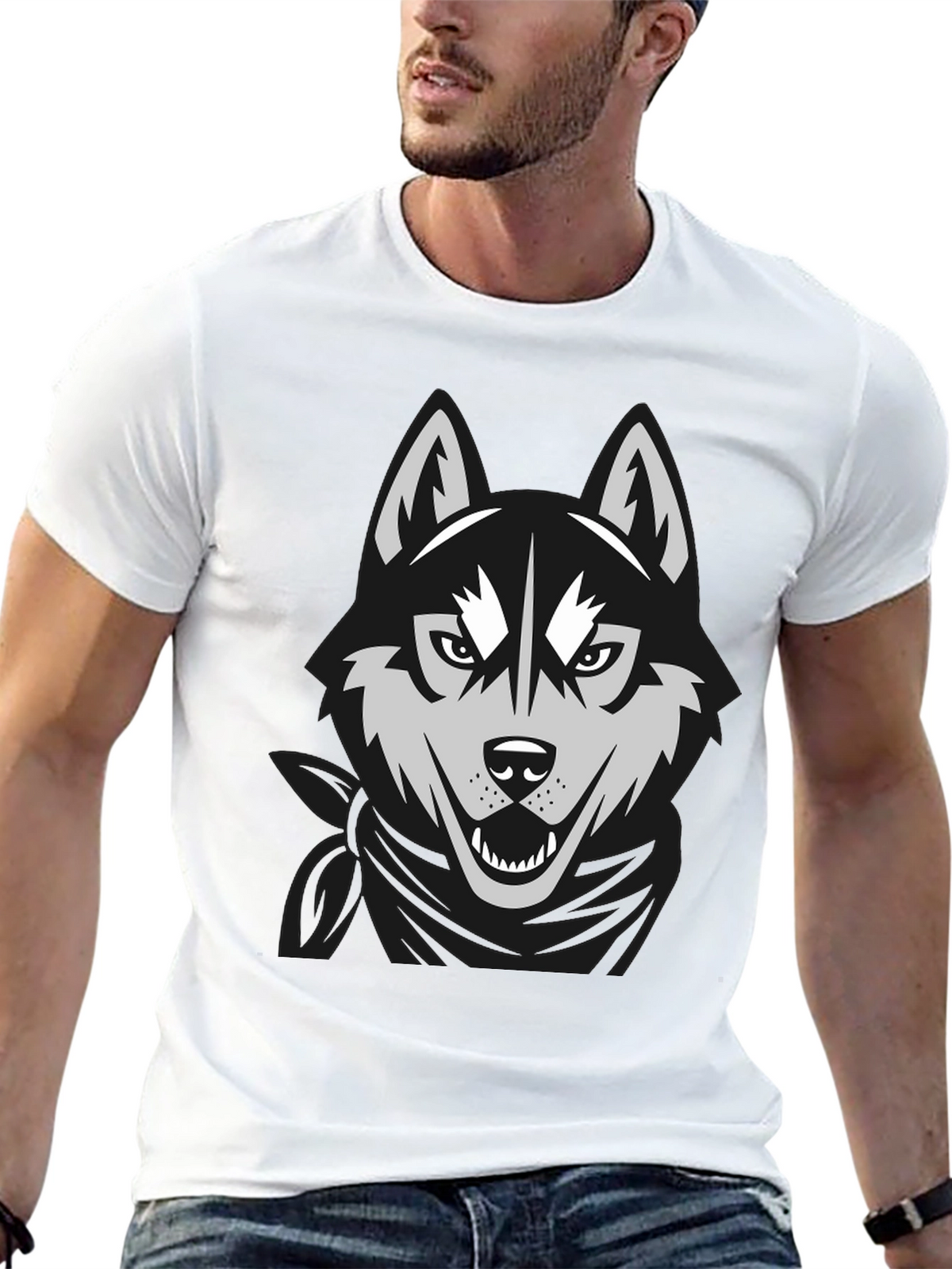 Mens Black T-Shirt with Wolf Graphic Design
