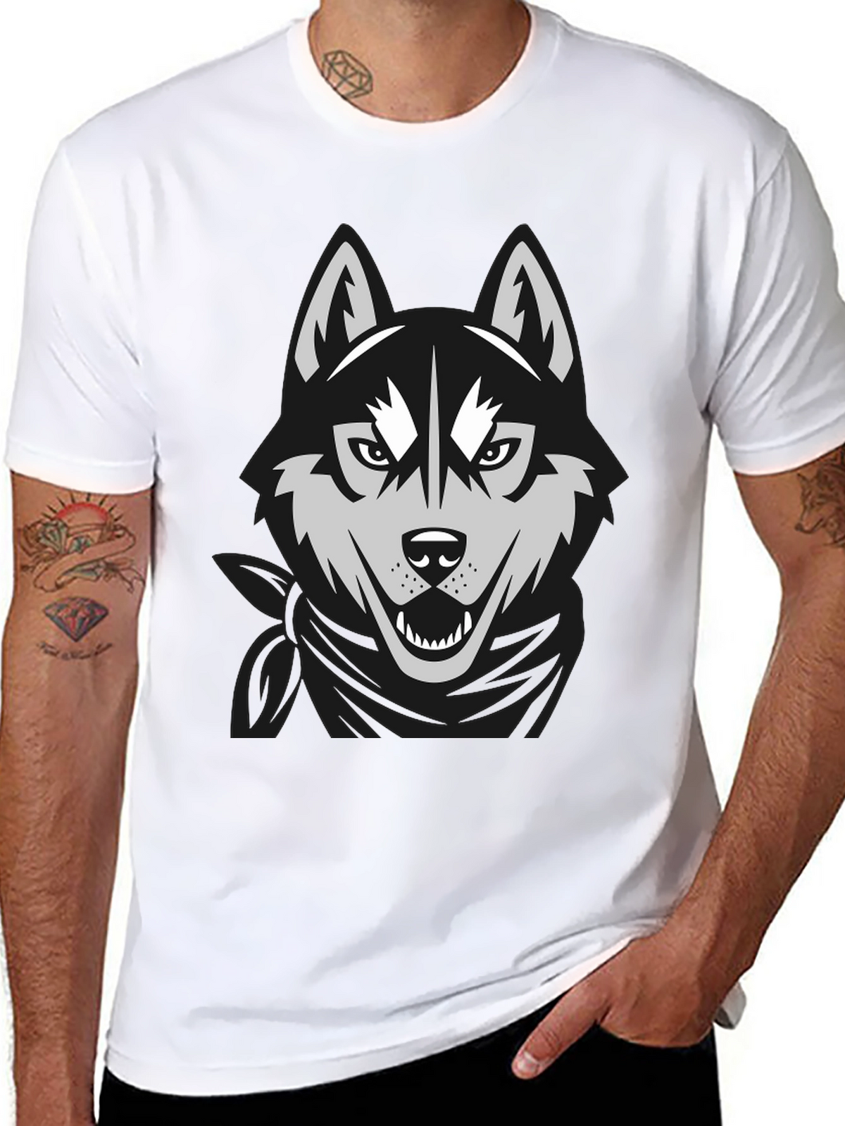 Mens Black T-Shirt with Wolf Graphic Design
