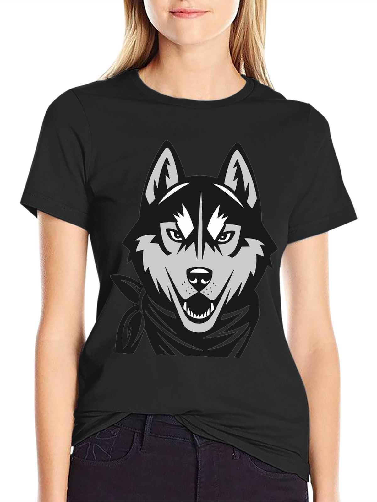 Mens Black T-Shirt with Wolf Graphic Design