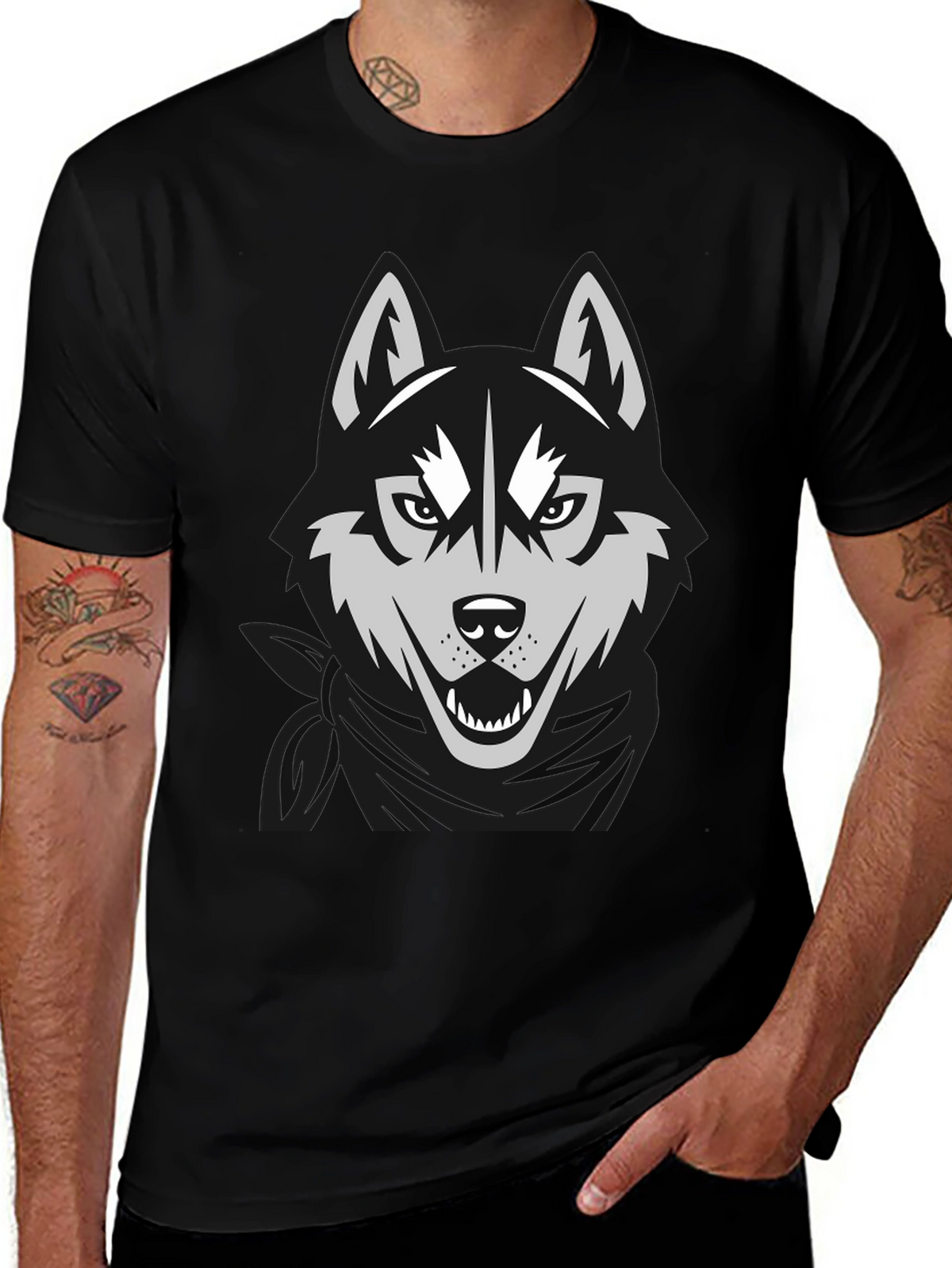Mens Black T-Shirt with Wolf Graphic Design