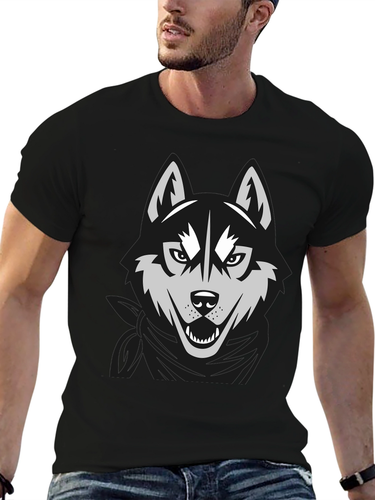 Mens Black T-Shirt with Wolf Graphic Design