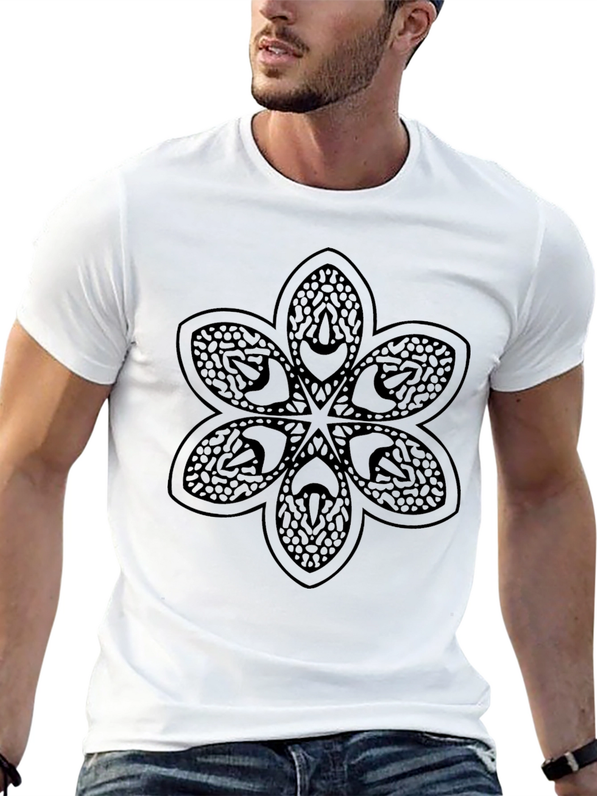 Graphic Tee: Geometric Flower Design Casual Black Shirt