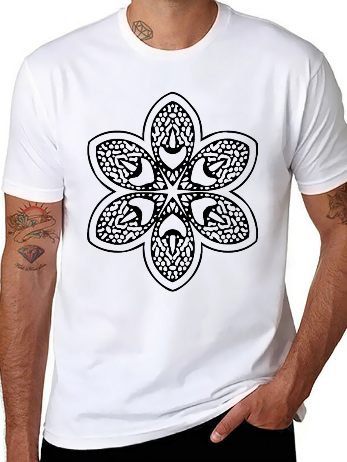 Graphic Tee: Geometric Flower Design Casual Black Shirt