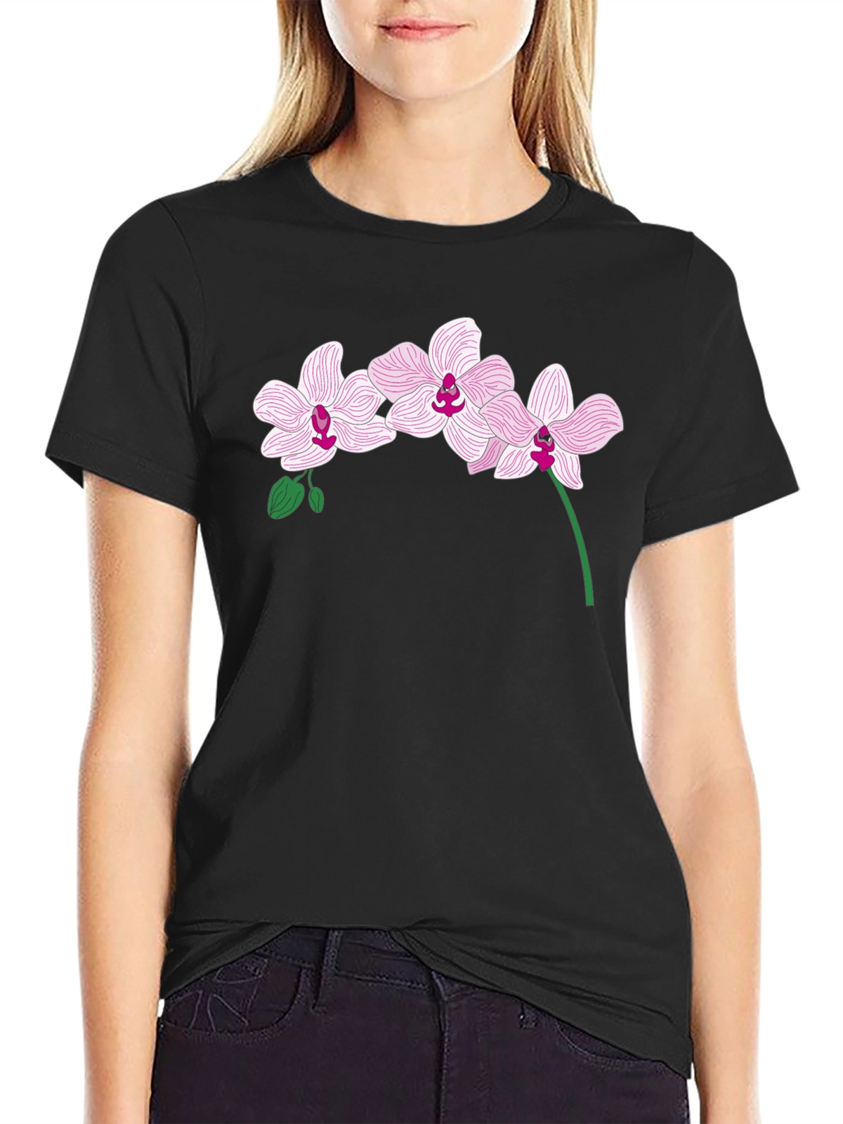 Orchid Flower Graphic T-Shirt - Black