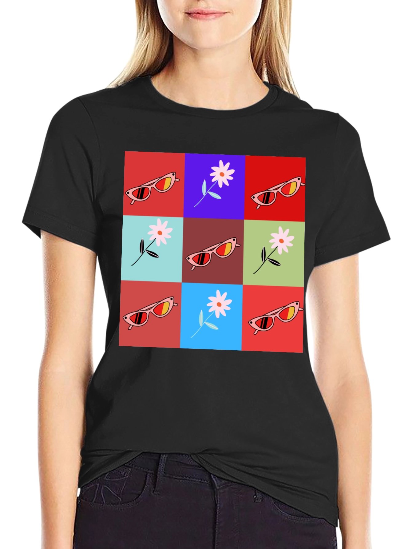 Retro Flower & Sunglasses Graphic T-Shirt - Black