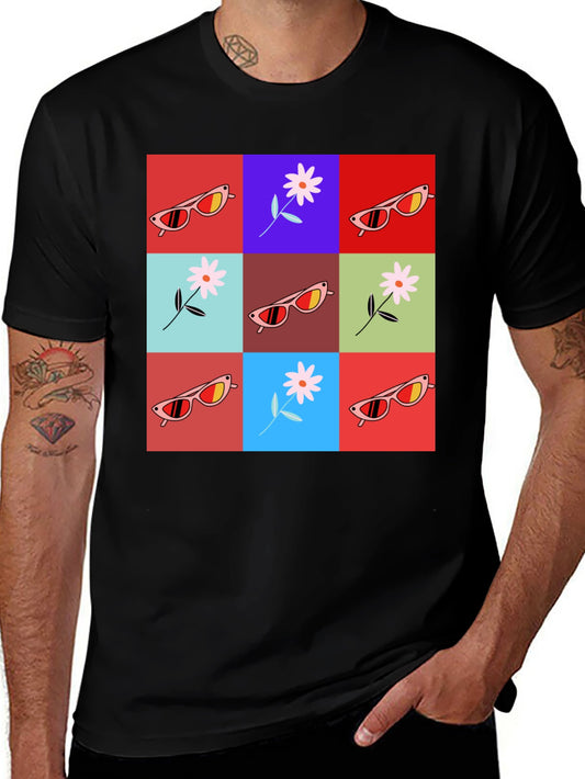 Retro Flower & Sunglasses Graphic T-Shirt - Black