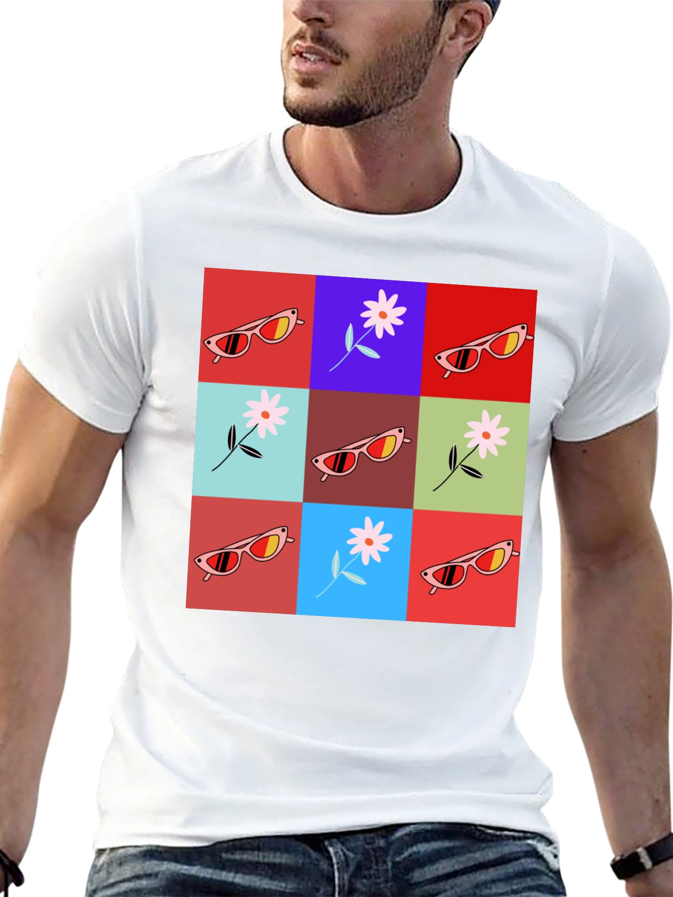 Retro Flower & Sunglasses Graphic T-Shirt - Black