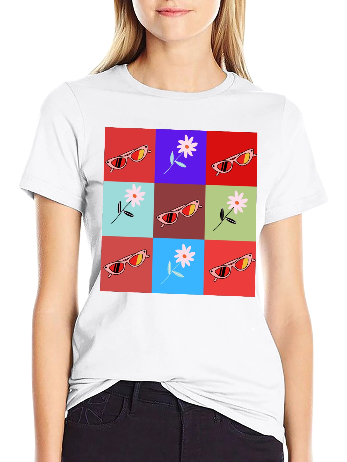 Retro Flower & Sunglasses Graphic T-Shirt - Black