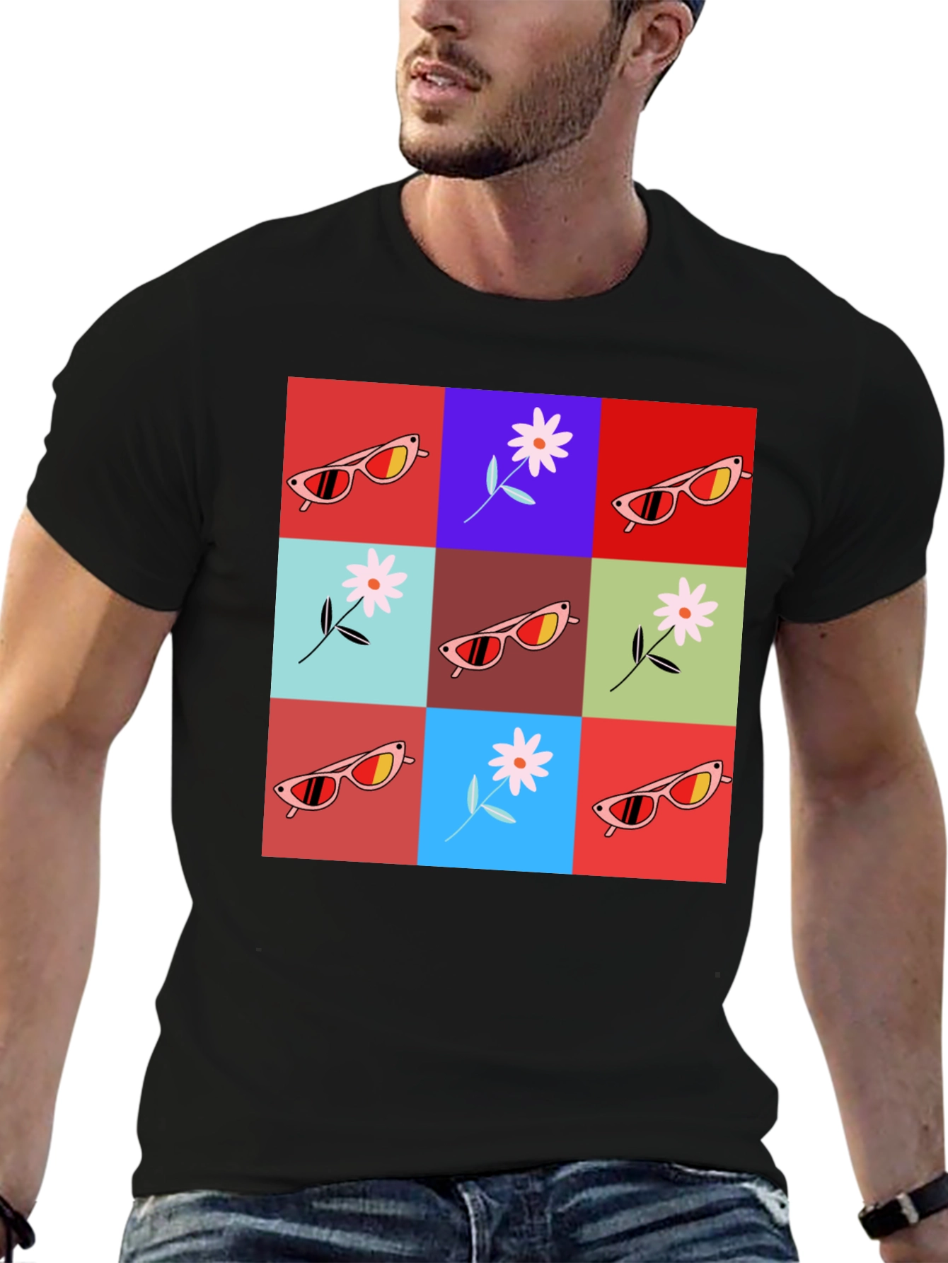 Retro Flower & Sunglasses Graphic T-Shirt - Black