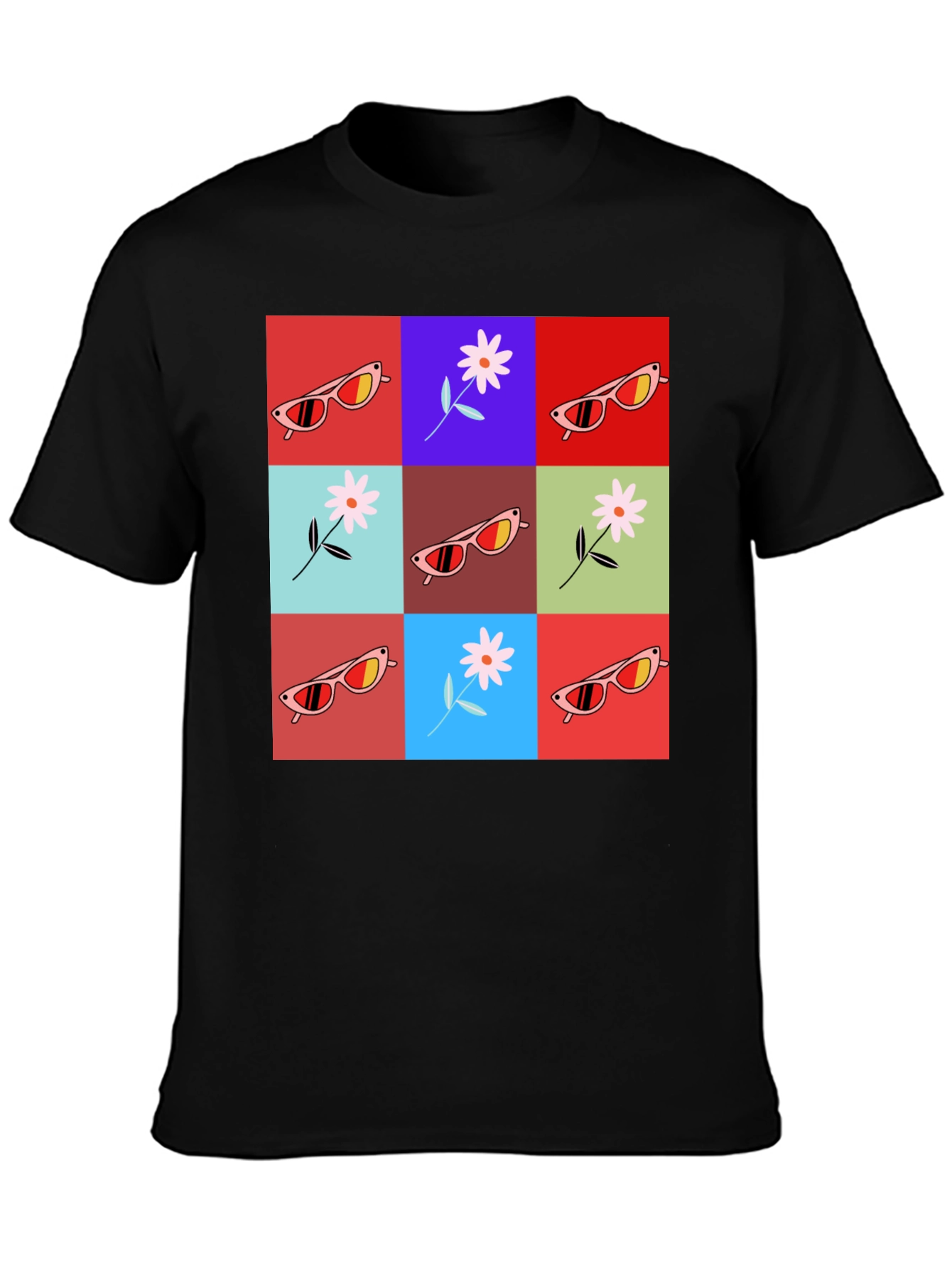 Retro Flower & Sunglasses Graphic T-Shirt - Black