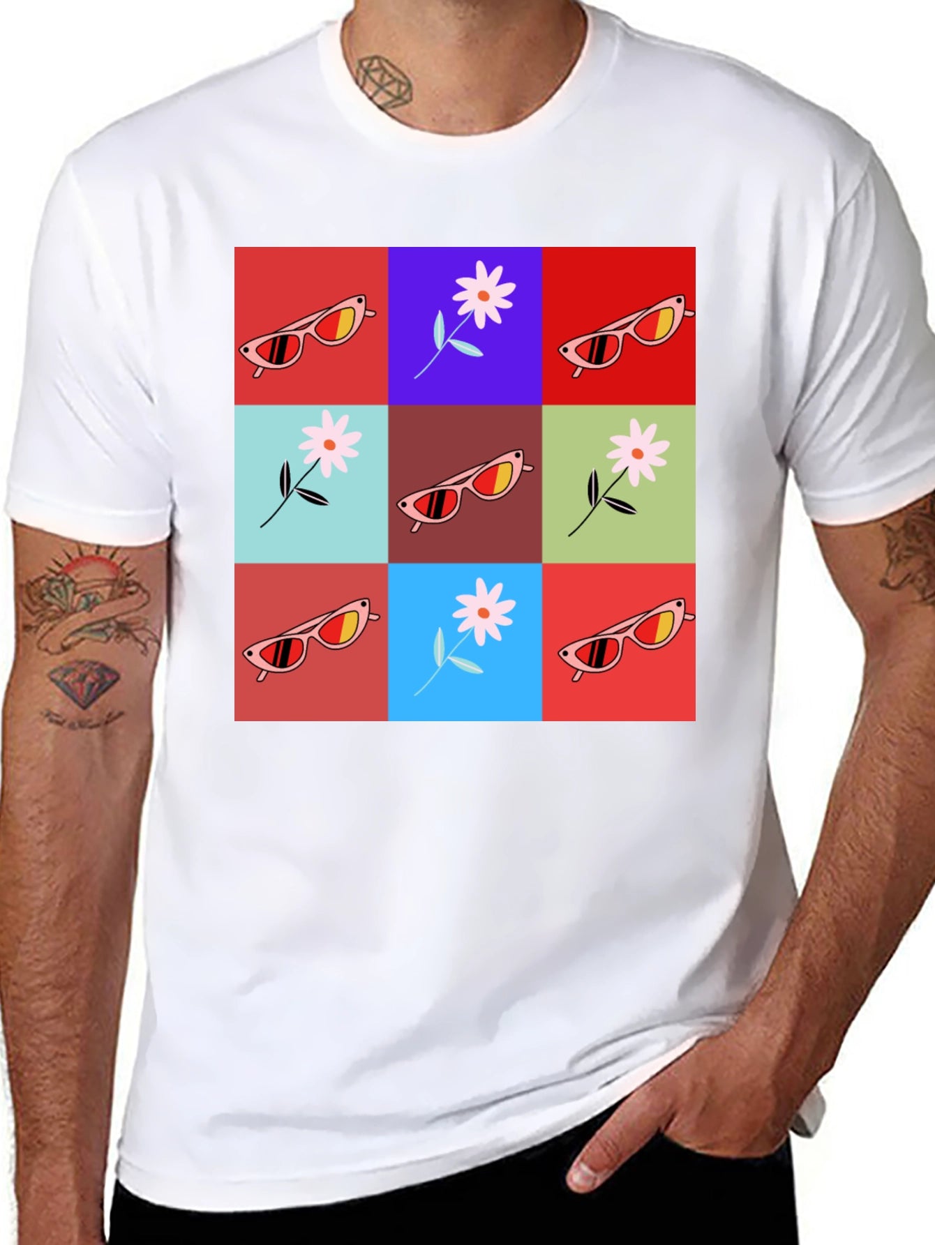 Retro Flower & Sunglasses Graphic T-Shirt - Black