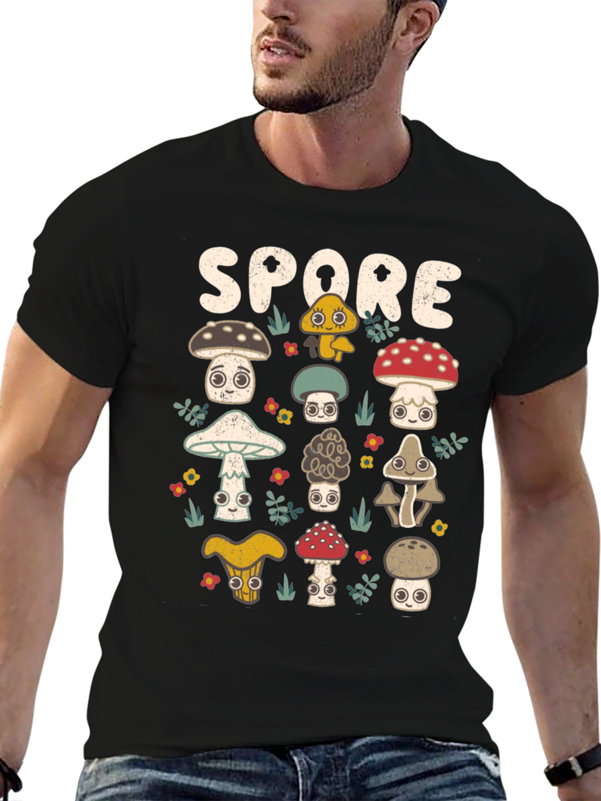 Mushroom Spore Graphic Print Black T-Shirt