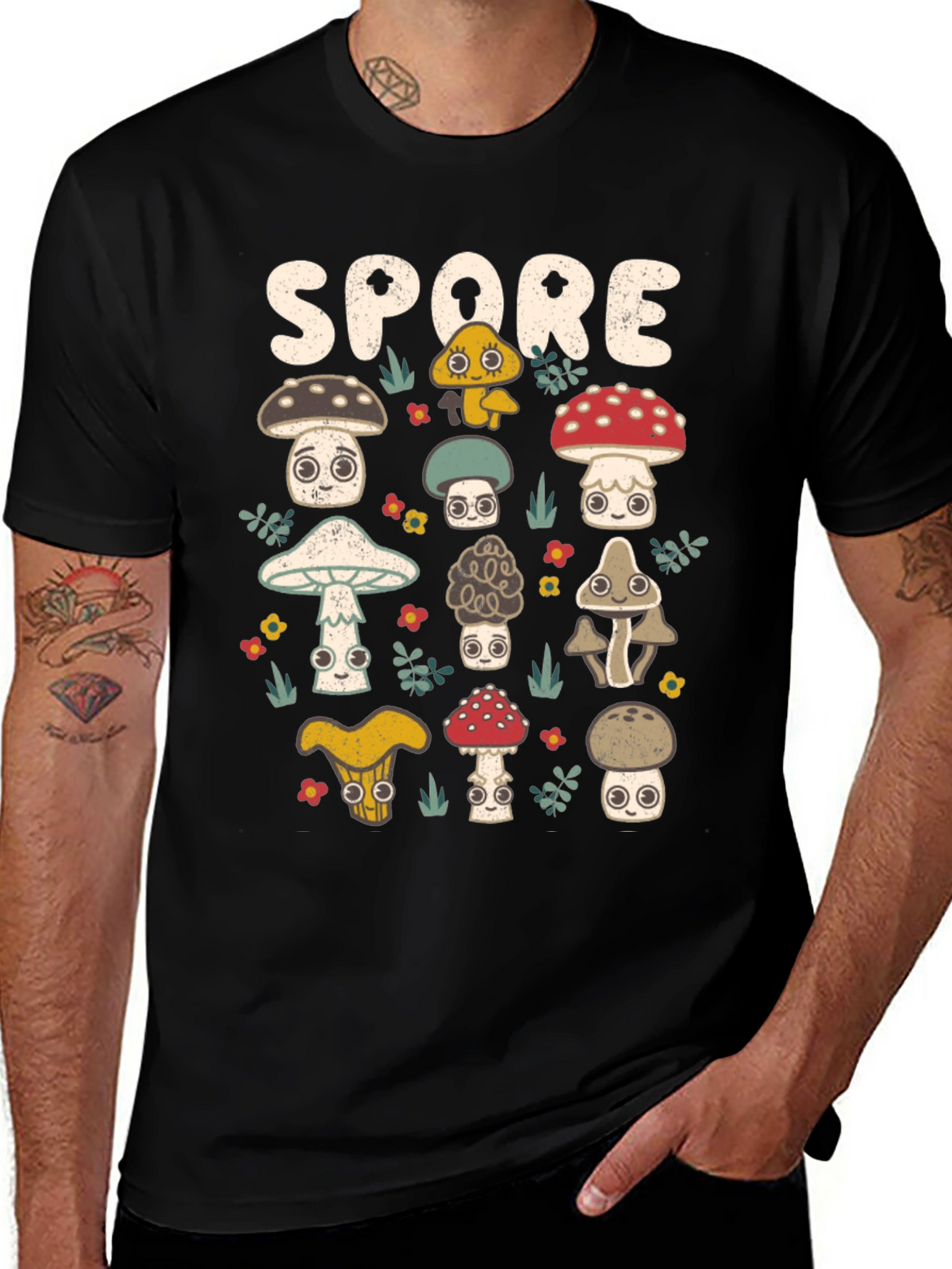 Mushroom Spore Graphic Print Black T-Shirt