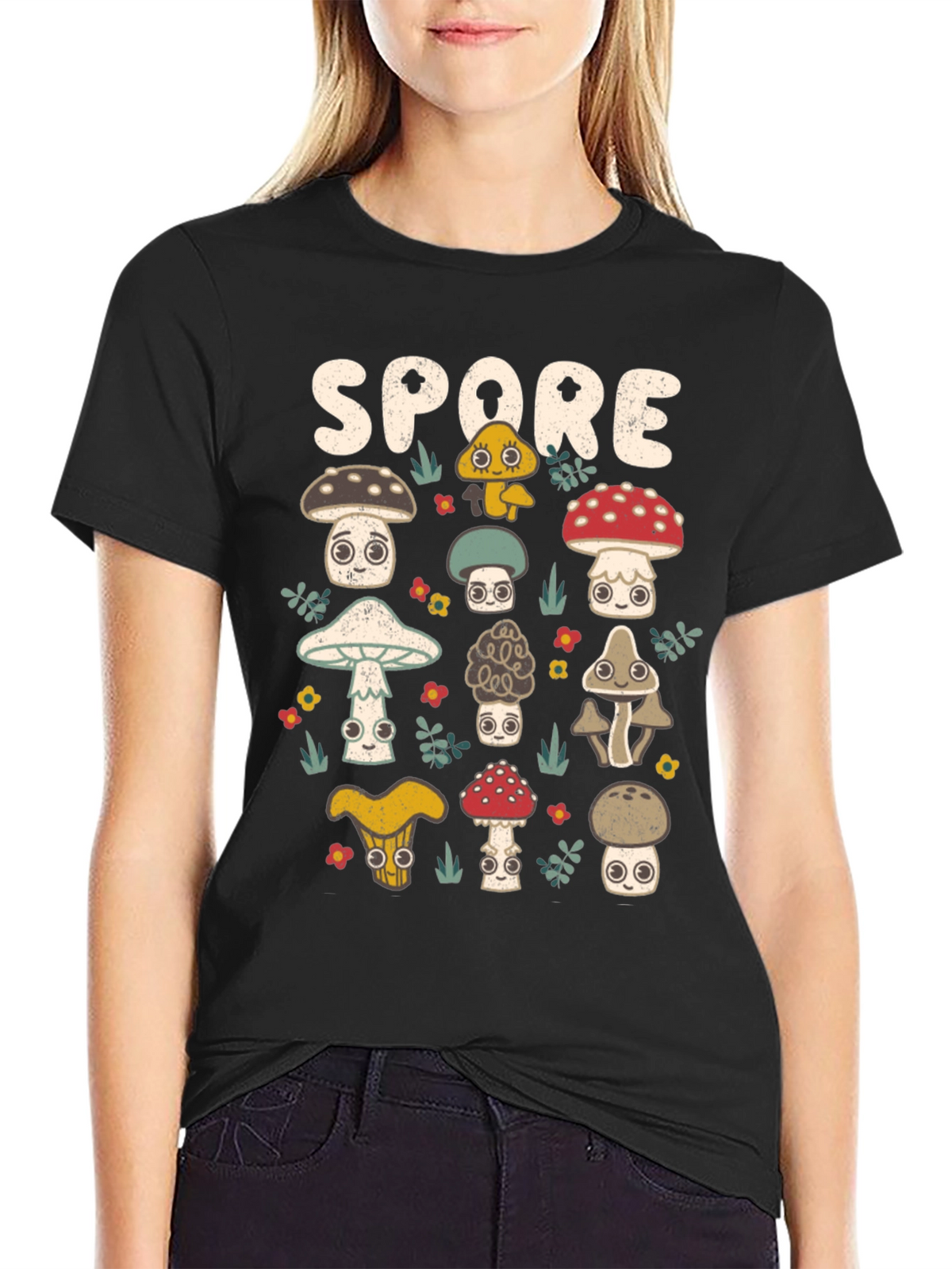 Mushroom Spore Graphic Print Black T-Shirt