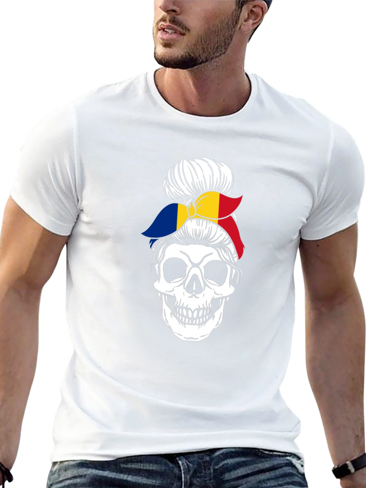 Skull Messy Bun Romania Flag Graphic Tee