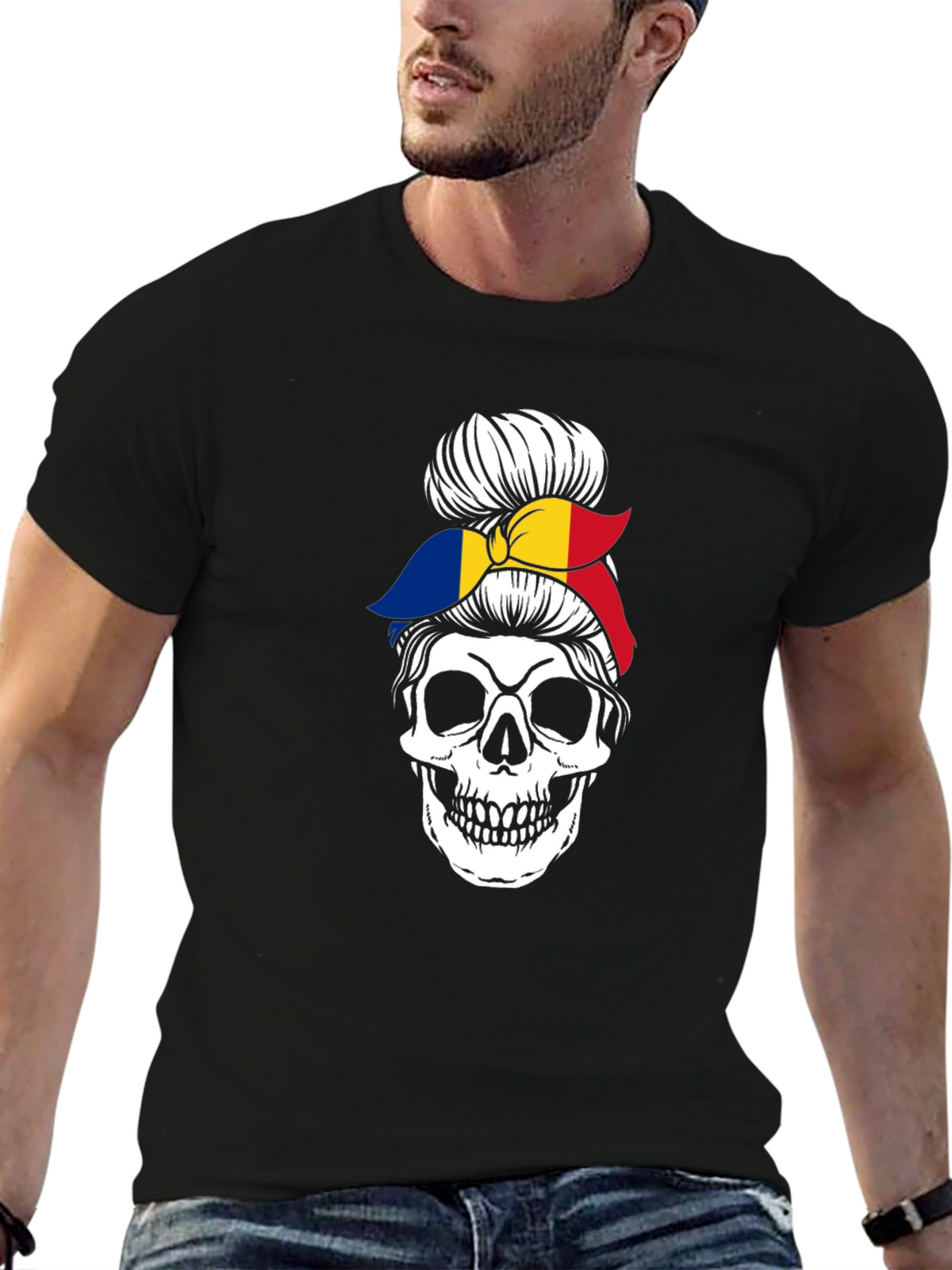 Skull Messy Bun Romania Flag Graphic Tee