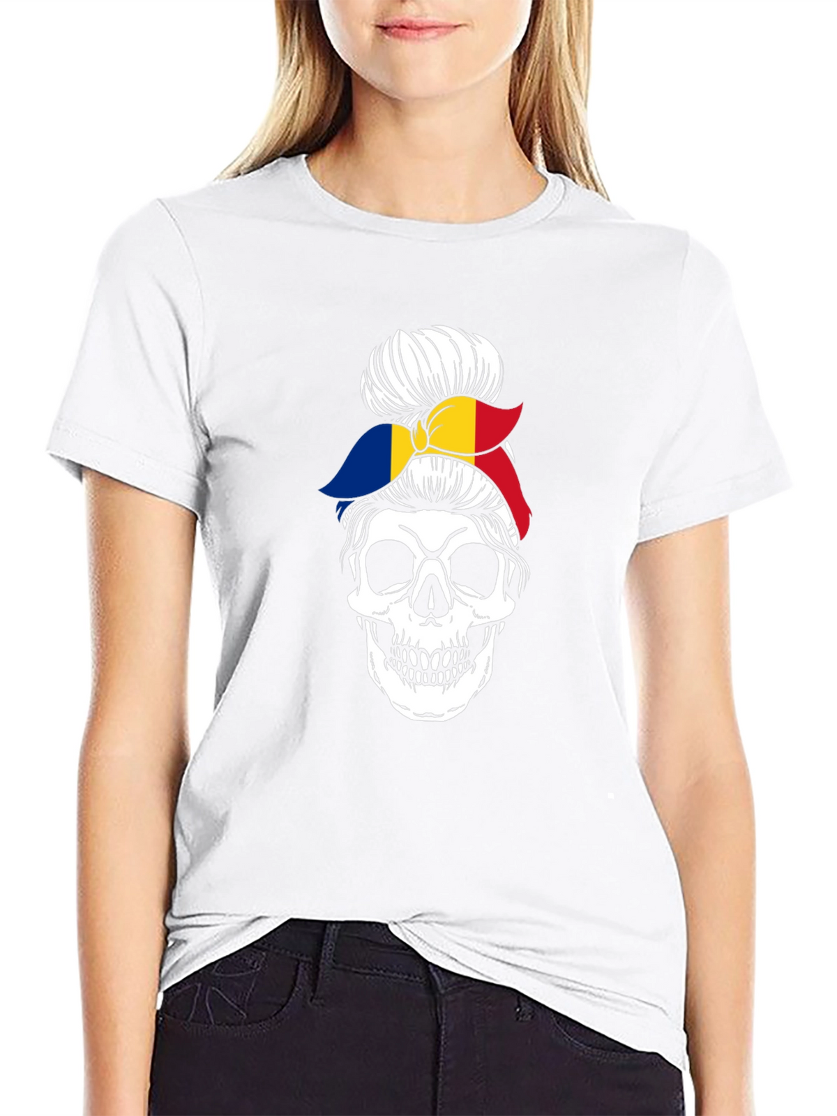 Skull Messy Bun Romania Flag Graphic Tee