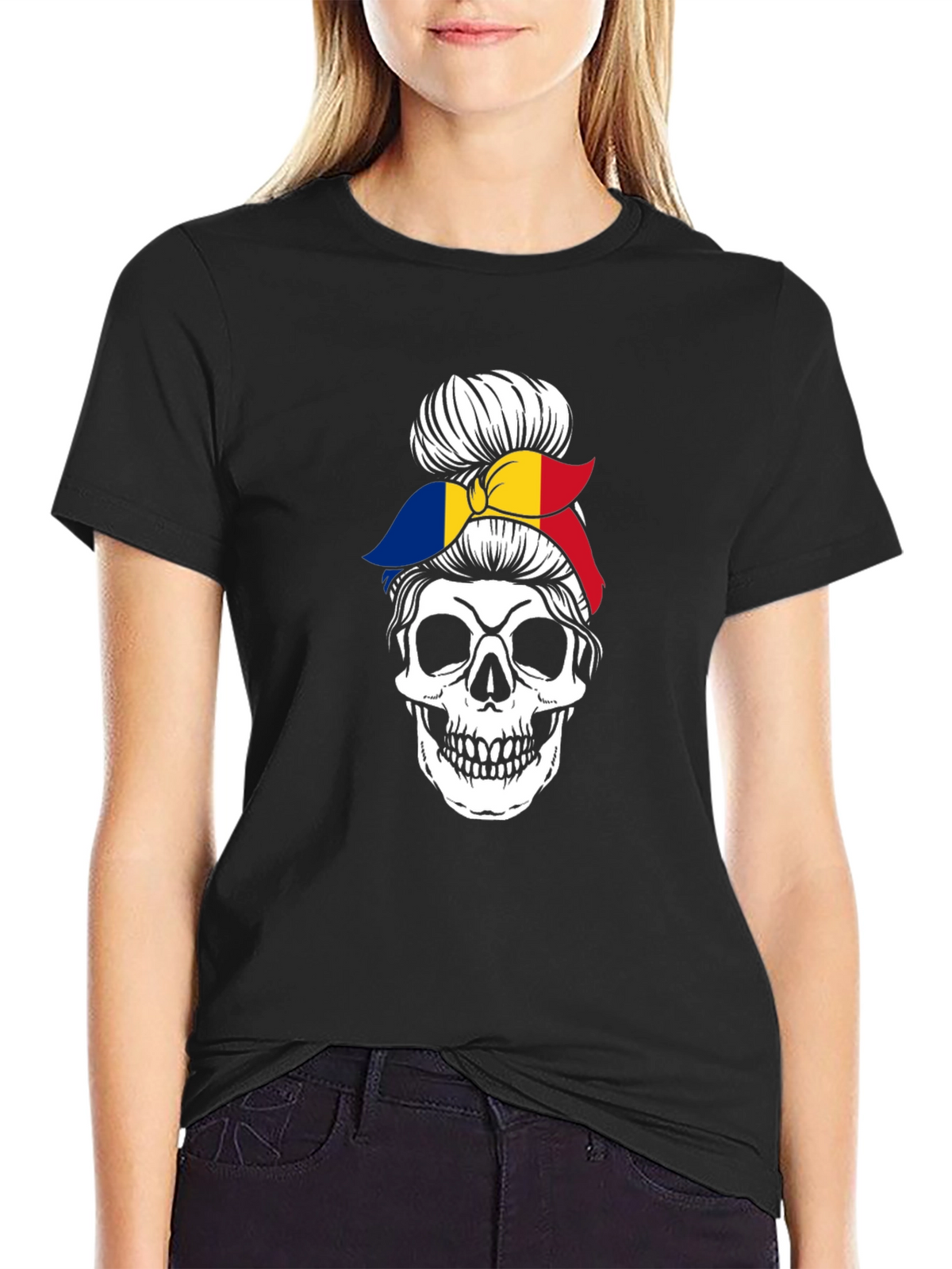 Skull Messy Bun Romania Flag Graphic Tee