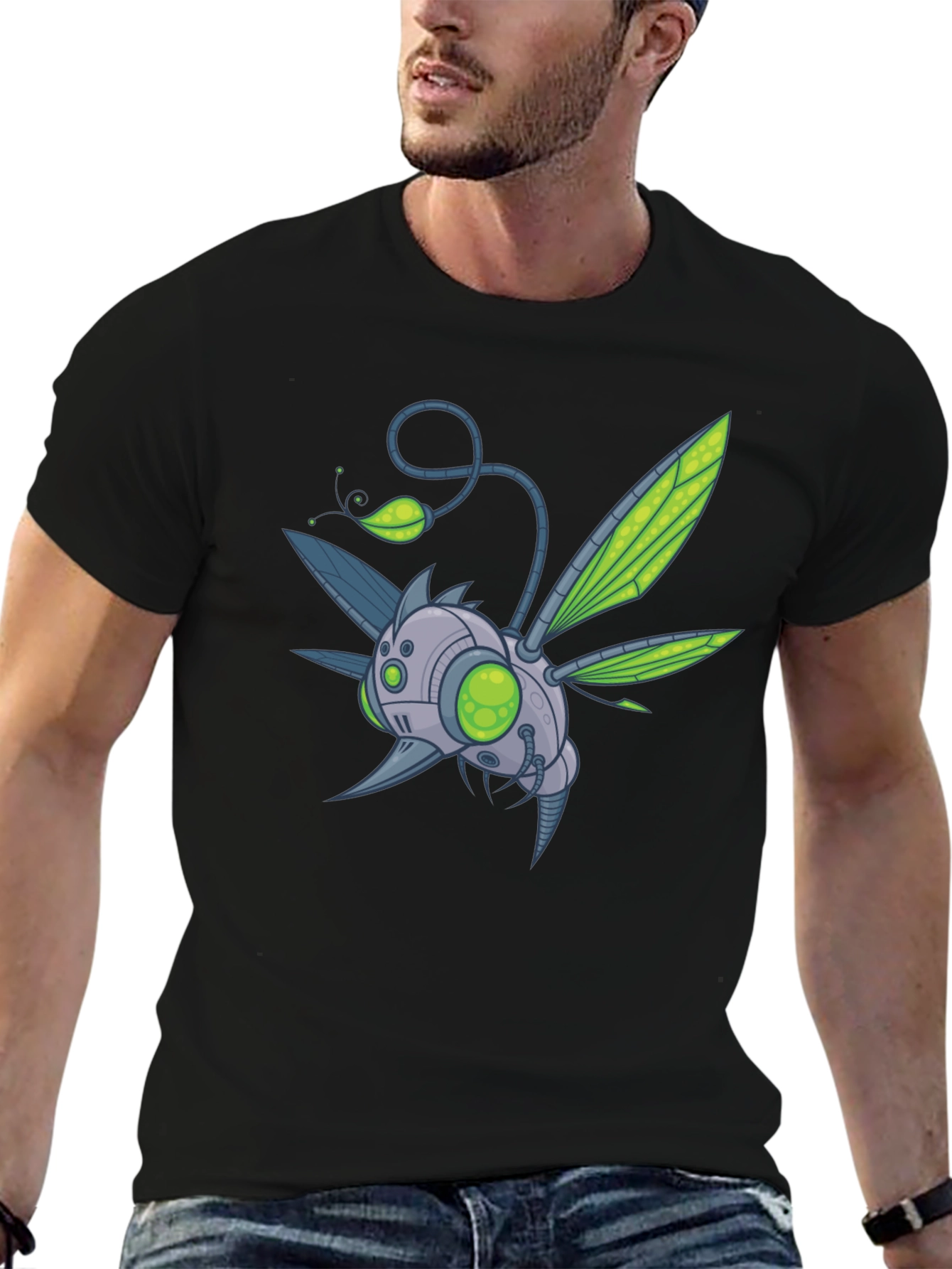 Robot Bug Graphic Print T-Shirt - Modern Style