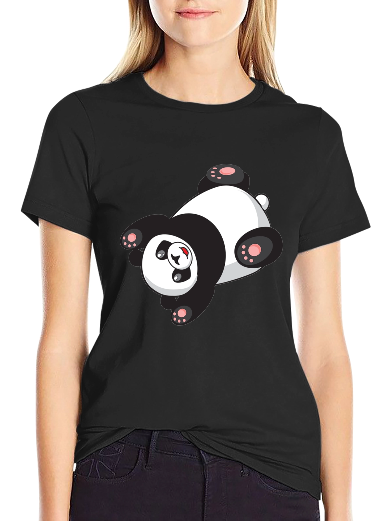 Cute Panda Graphic Tee - Black Cotton T-Shirt