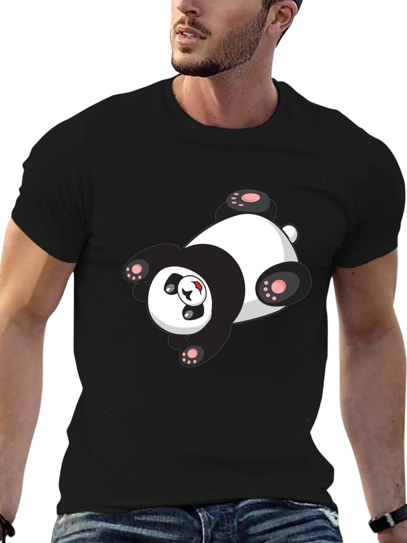 Cute Panda Graphic Tee - Black Cotton T-Shirt